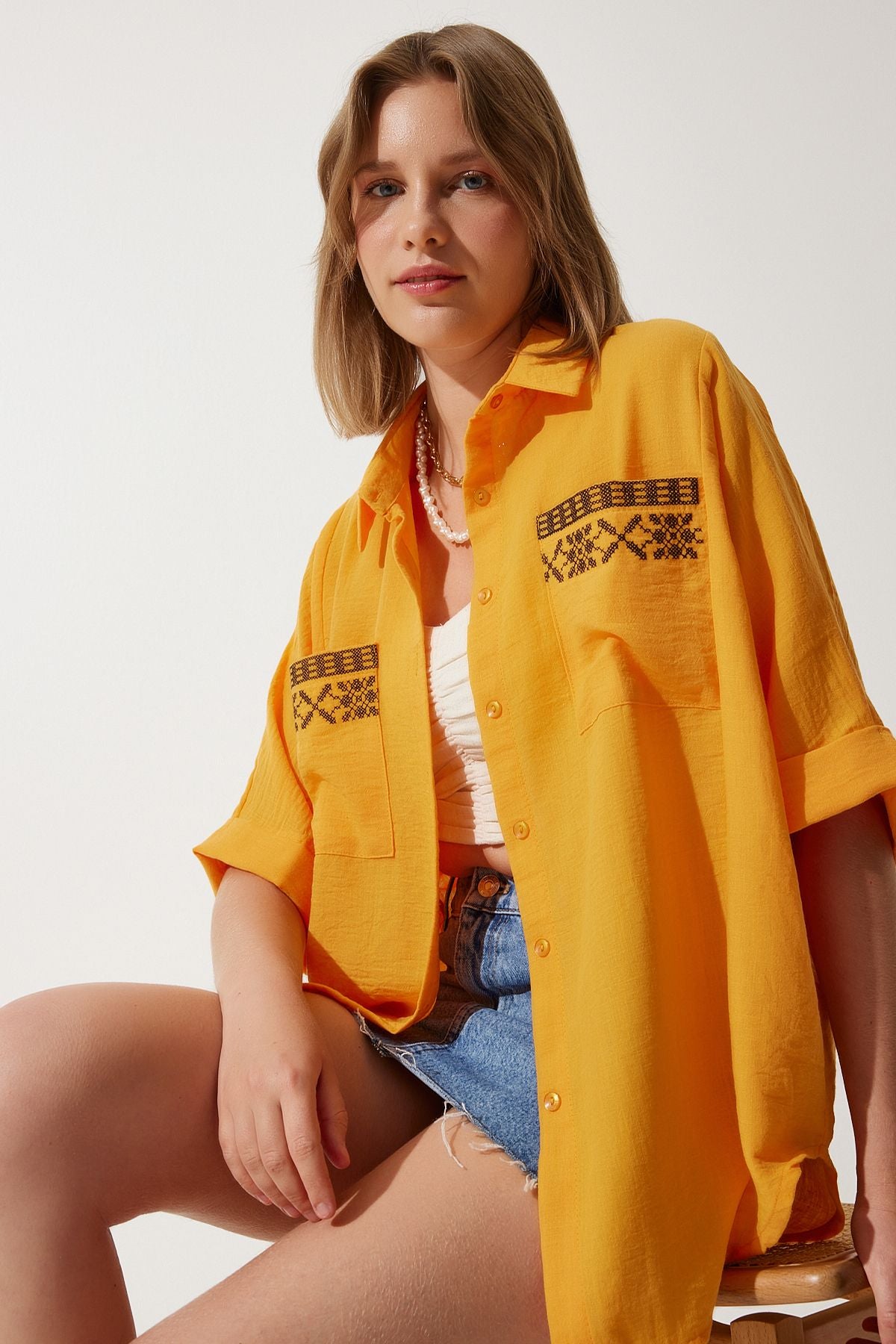 Female Orange Embroidered Pocket Oversizle Linen Ayrrin Shirt RG00031