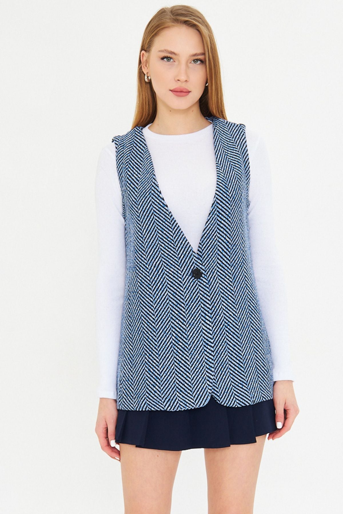 Woman Blue V-Neck Single Button Oversize Patterned Vest ARM-25K001110