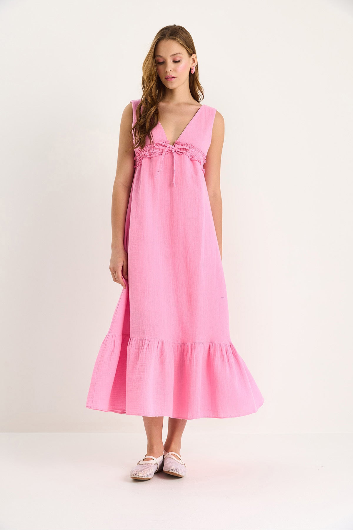 Women's V-Neck Tie Detailed Lined Muslin Dress 3043 60283456