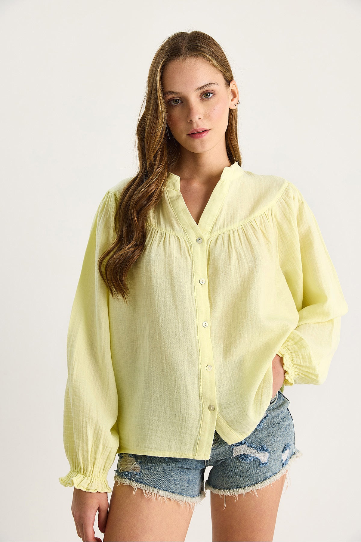 Women's Buttoned Comfortable Muslin Shirt with Elastic Sleeves 4733 60283499