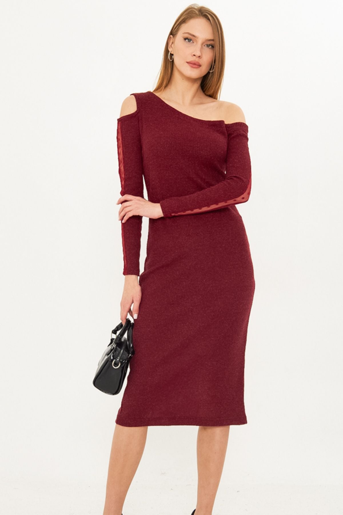 Female Bordeaux Asymmetric Collar Lever Tulle Slit Kashkorse Midi Boy Dress ARM-25K001081