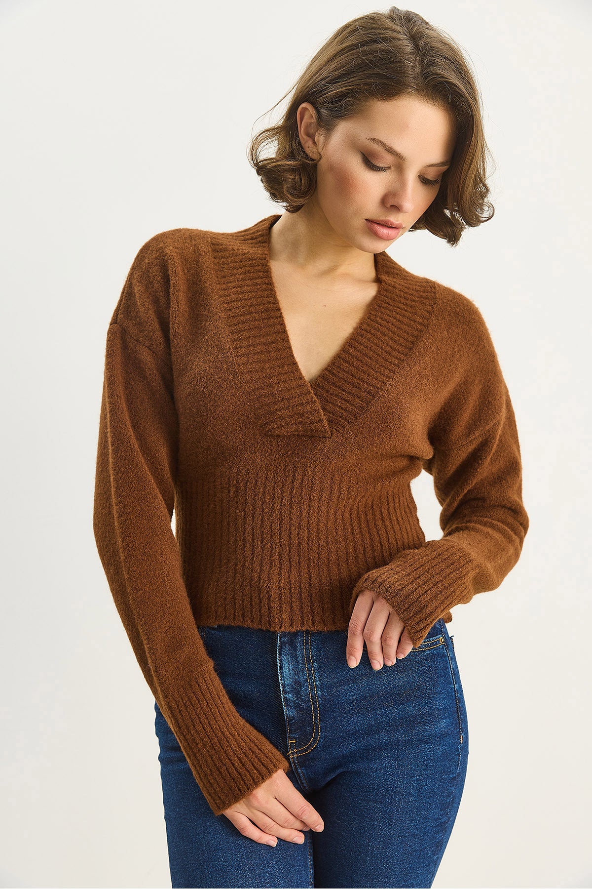 Women's V-Neck Waist Fitted Ribbed Knitwear Sweater 5080 60283586