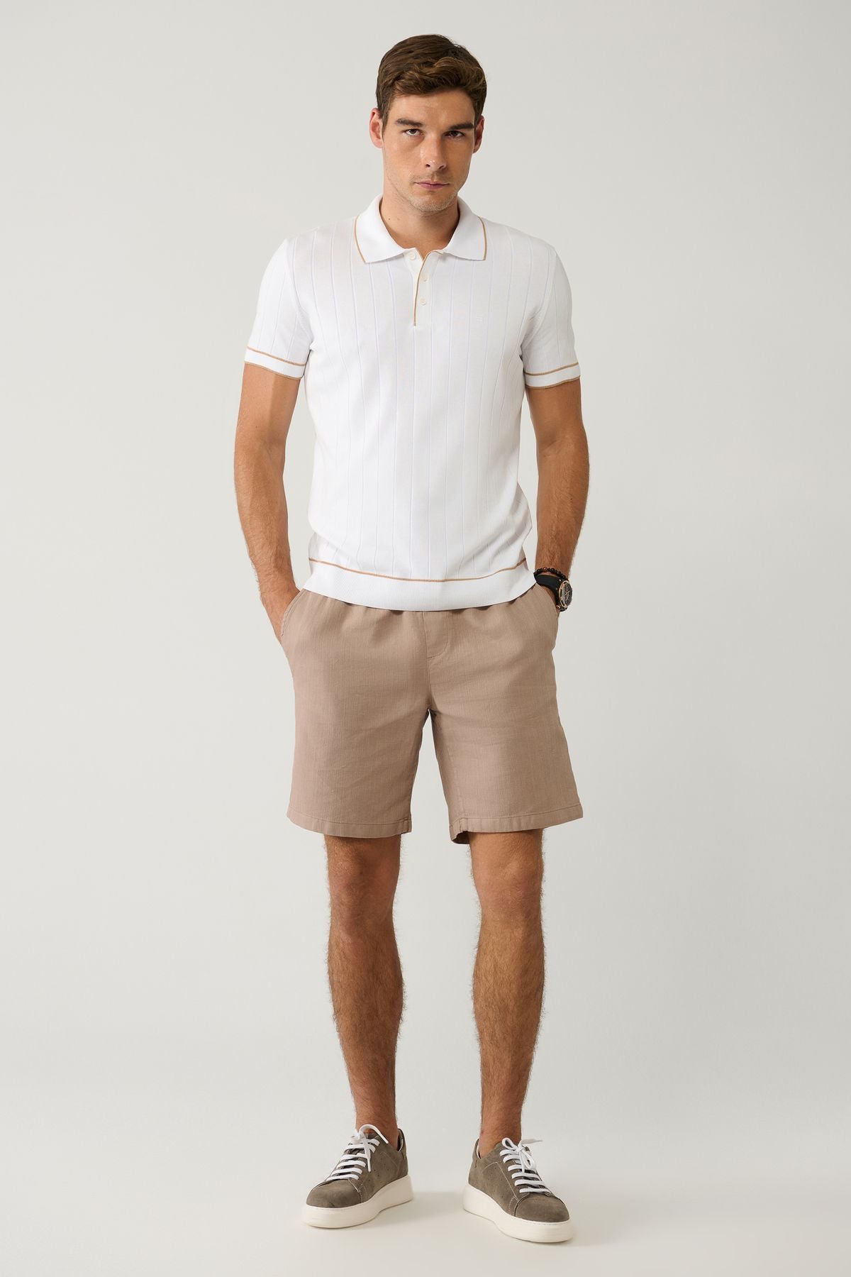 Men's mink 100 %cotton side pocket with waist tire -linen texture E003603