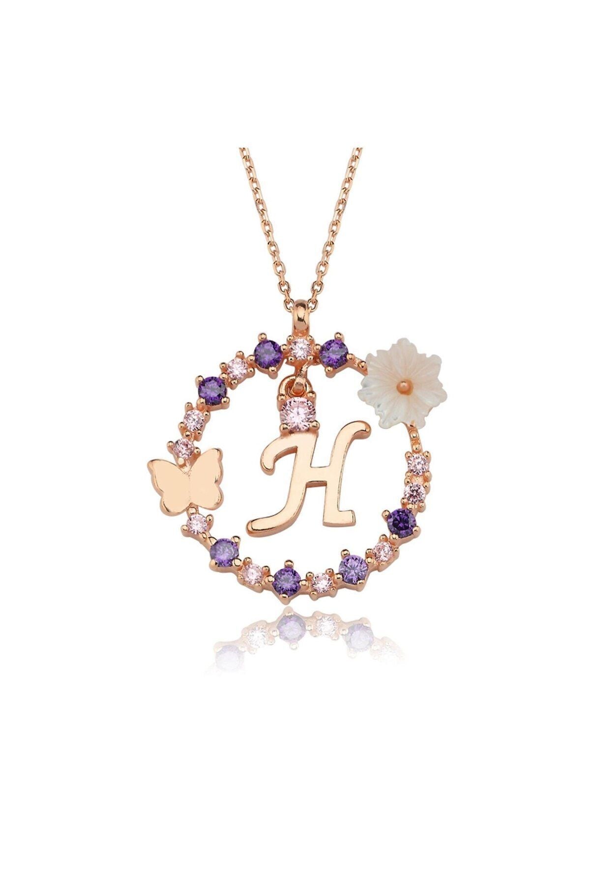 Manolya Çiçeği Düşler Işıltısı 14K Rose Gold H Harfi Kadın Kolye