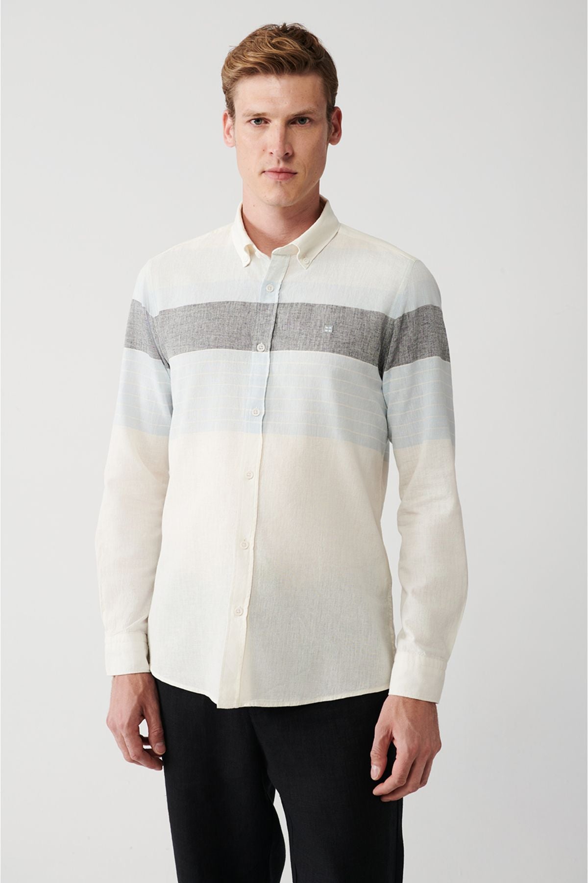 Men's white cotton linen mixed buttoned collar striped shirt A31y2267