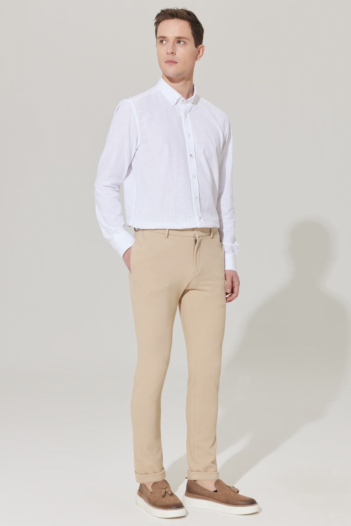 Men's Beige Slim fit narrow cut diagonal patterned flexible waist tied jogger pants