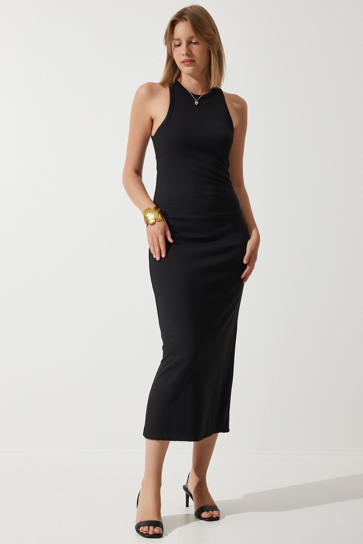 Women's black weightlifting collar cottage steel knitting long dress BP00159