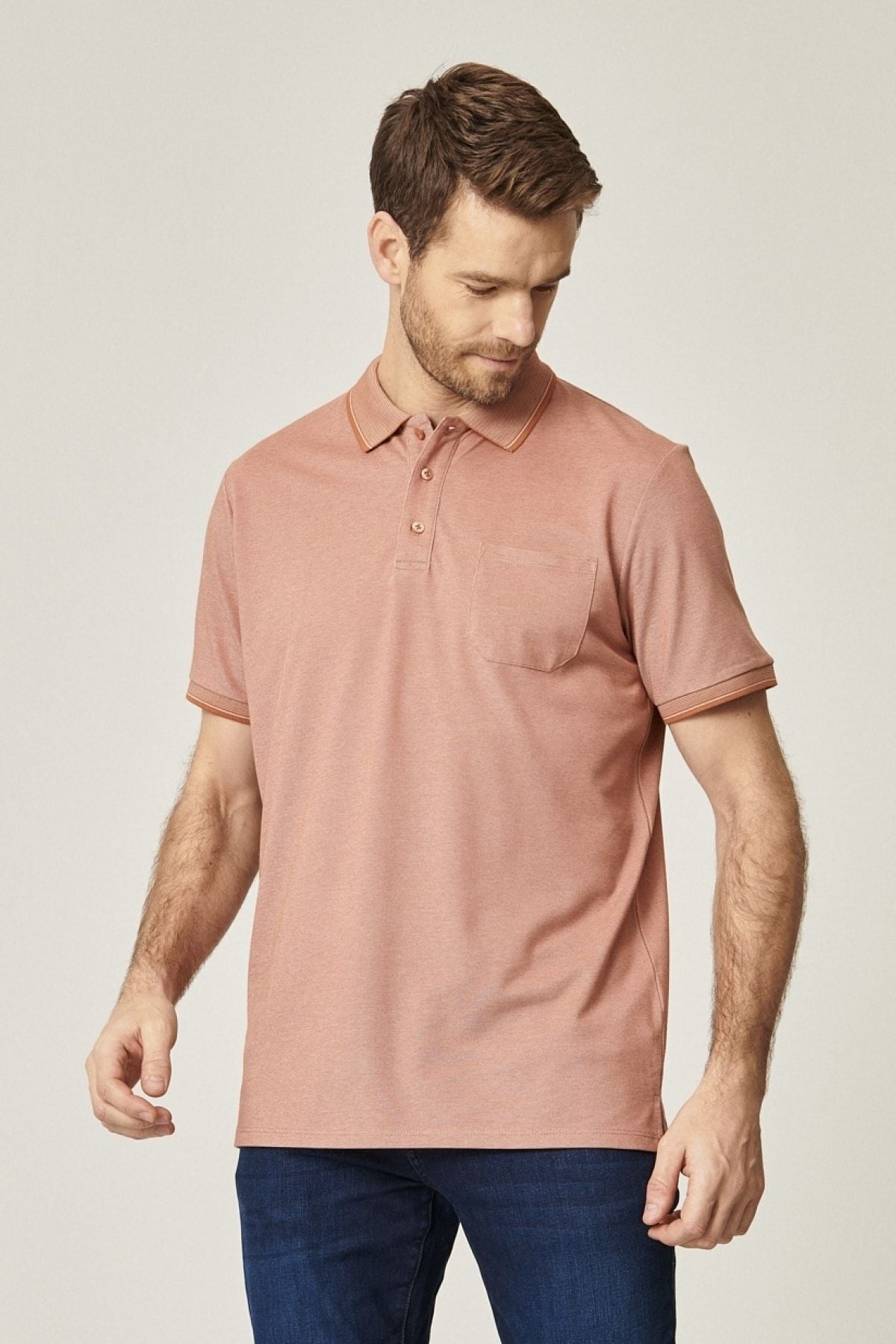 Men-Plugging Cotton Fabric Regular Fit Casual Cut Tile-Bej Curled Polo Yaka Pocket T-shirt