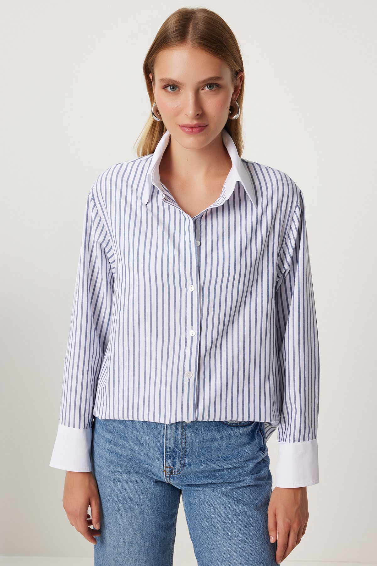 Woman White Gray Contrast Colorful Striped Oversize Shirt FN03246