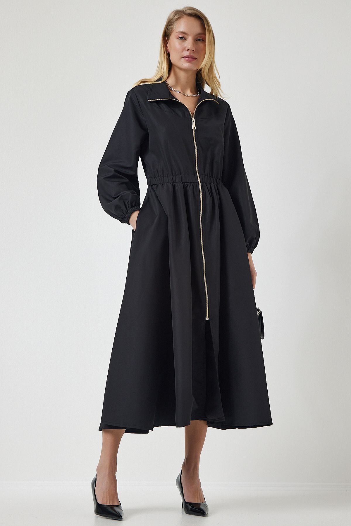Female black zipper seasonal weaving dress trench coat DD01298