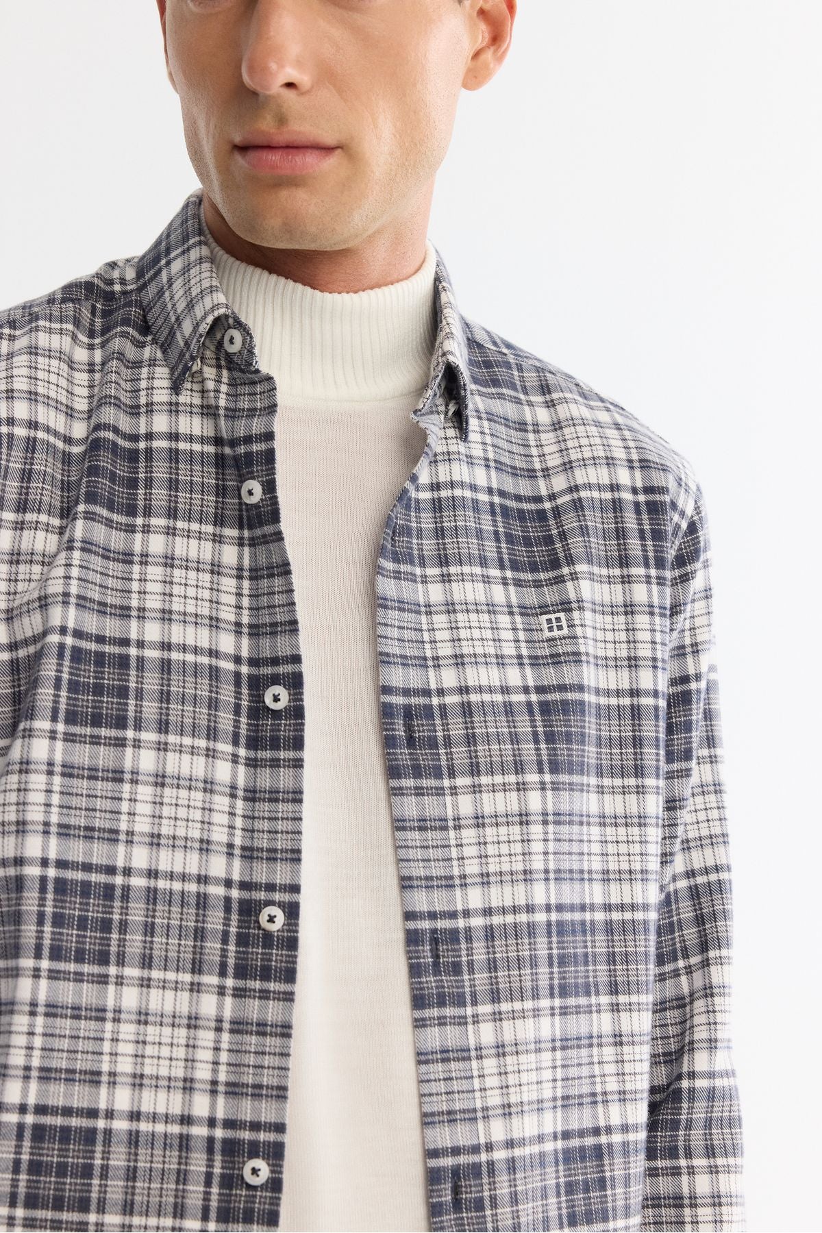 Men's gray bottom Britli collar plaid 100 %cotton flannel shirt A42Y2143