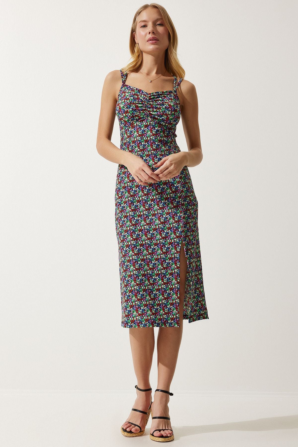 Woman Blue Green Double strap patterned knitted dress mc00262