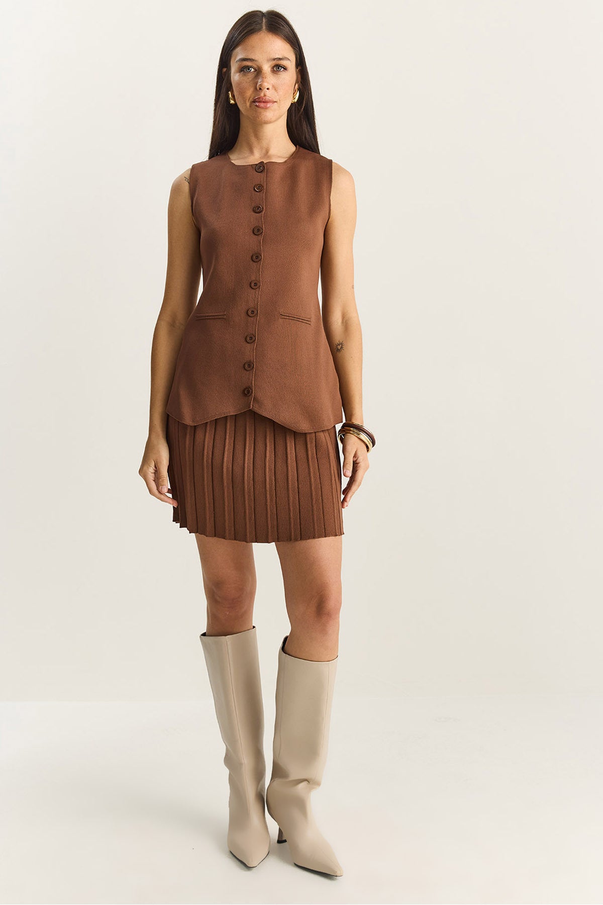 Women's Crew Neck Buttoned Knitwear Vest Pleated Mini Skirt Bottom-Top Suit 280017-18 60283872