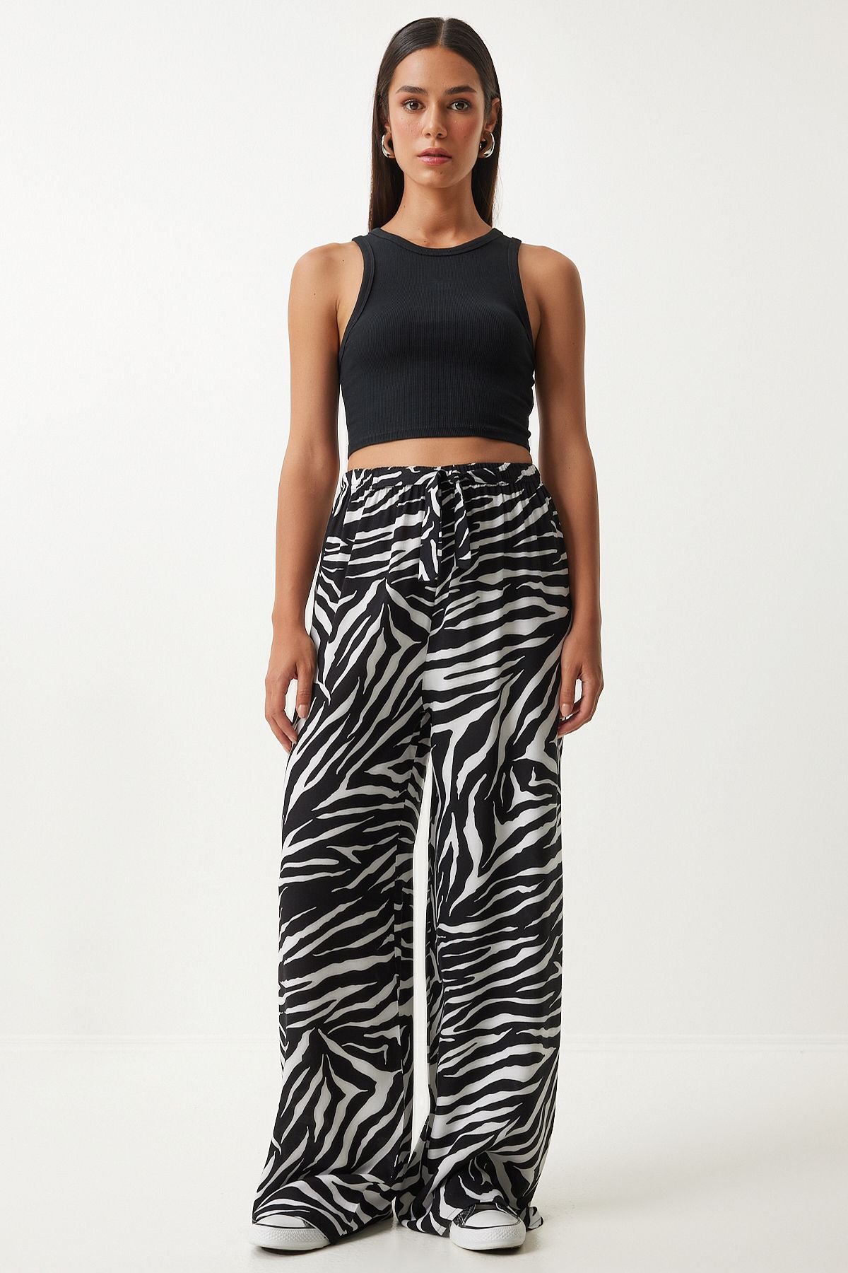 Female ecru black patterned draped viscose palazzo pants EN00606