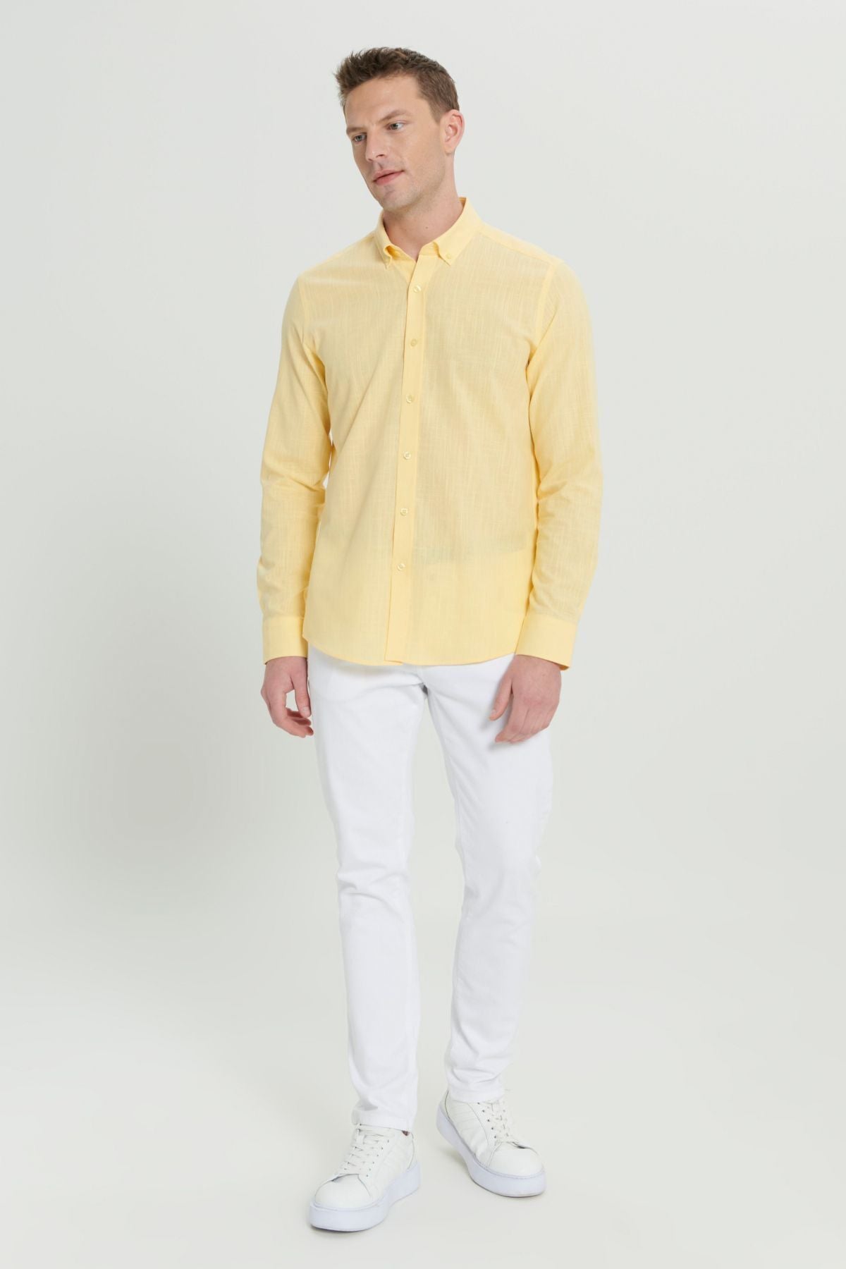 Men's yellow 100 %cotton breathing fabric oxford slim fit button with collar pennant shirt