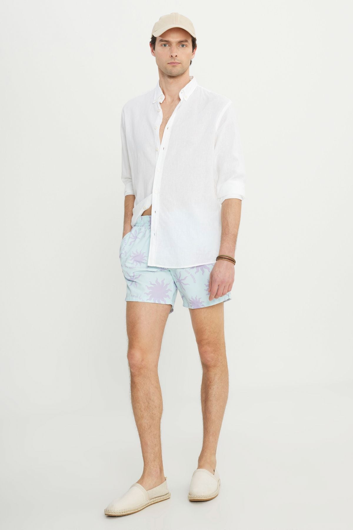Normal cutting pocket quickly dry patterned swimsuit sea shorts purple