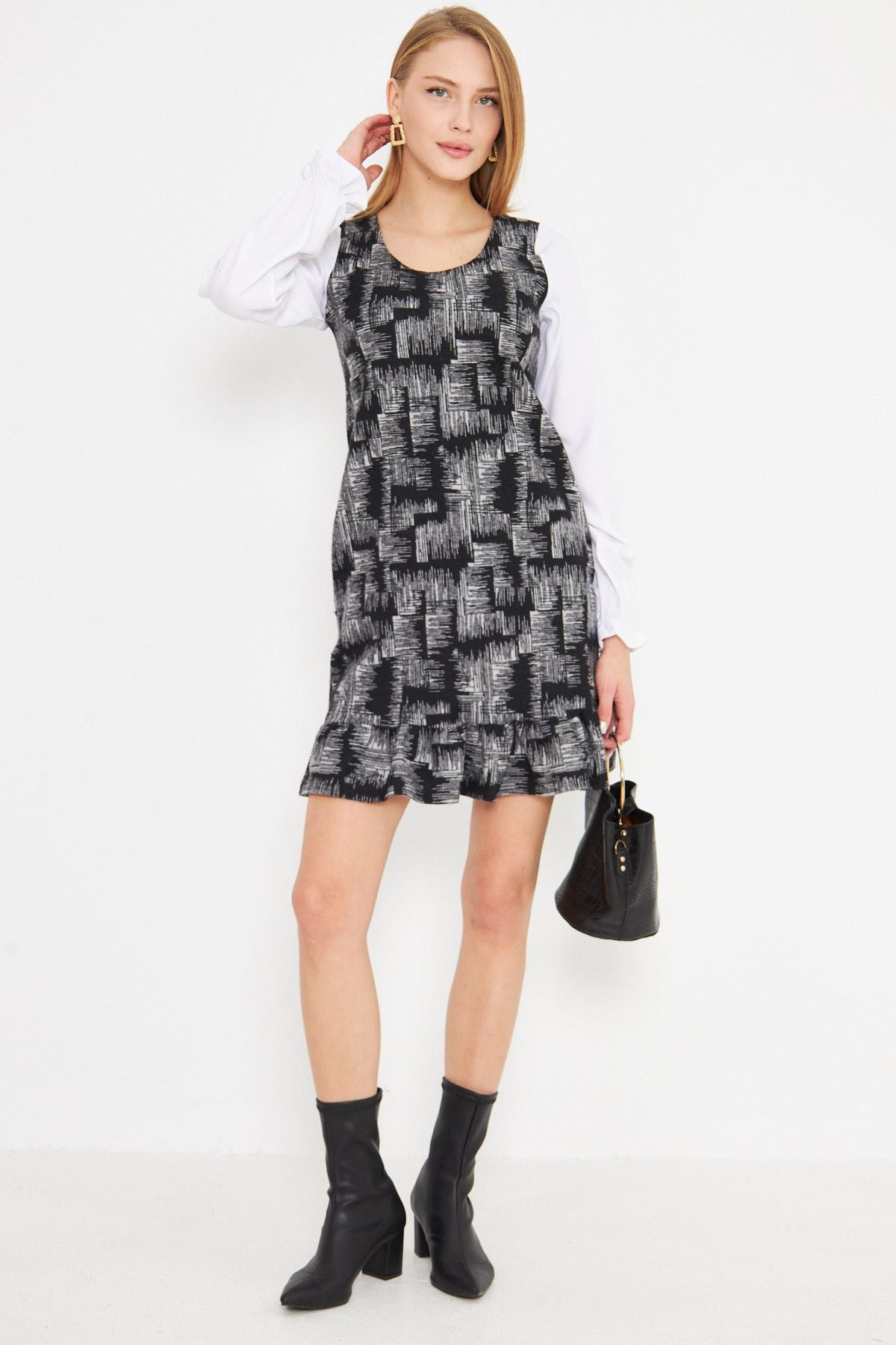 WOMEN'S BLACK U YAKA SPEP Ruffle detailed long arm pocket dress ARM-25K001052