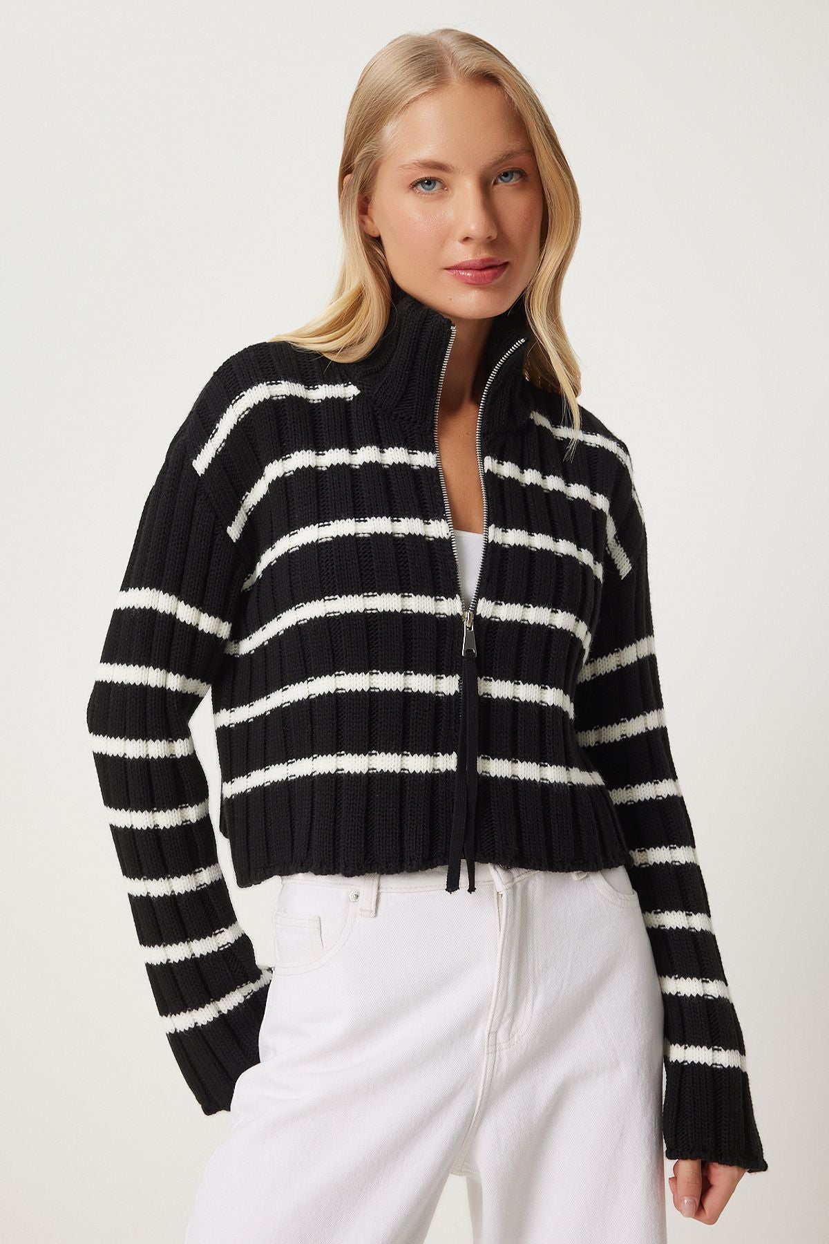 Female black zipper striped upright collar knitwear cardigan PF00081