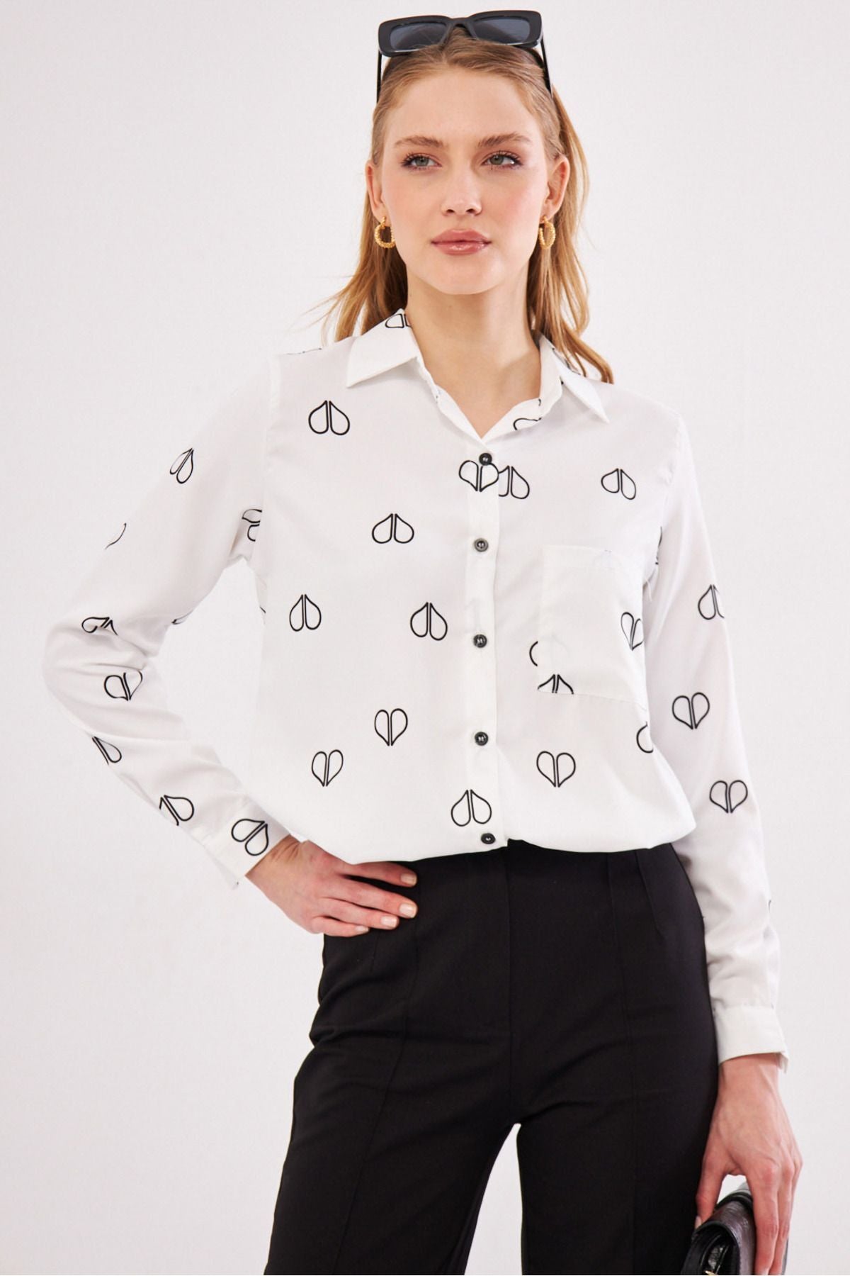 Women's White Sold Pile Detailed Single Patterned Long Sleeve Shirt ARM-24Y001015
