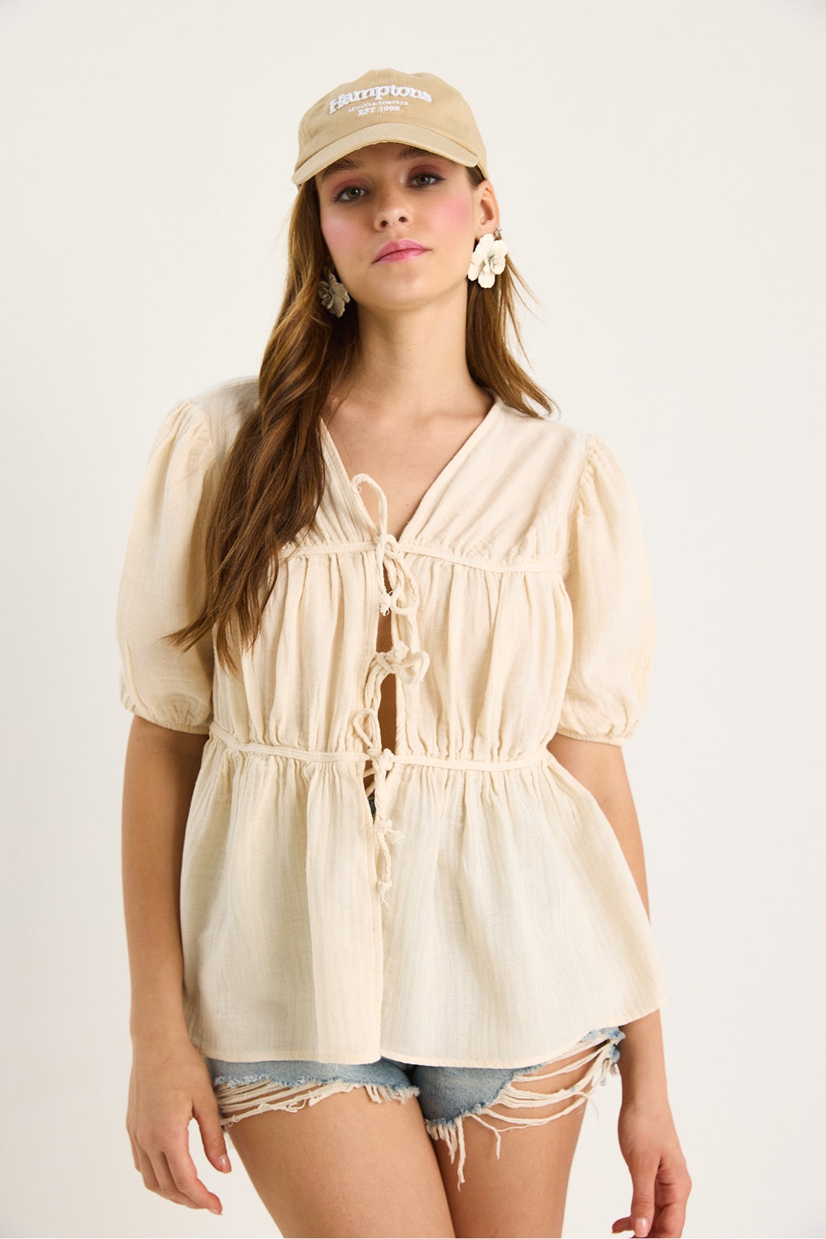 Women's Tie Detailed Short Sleeve Muslin Blouse 1024 60283459