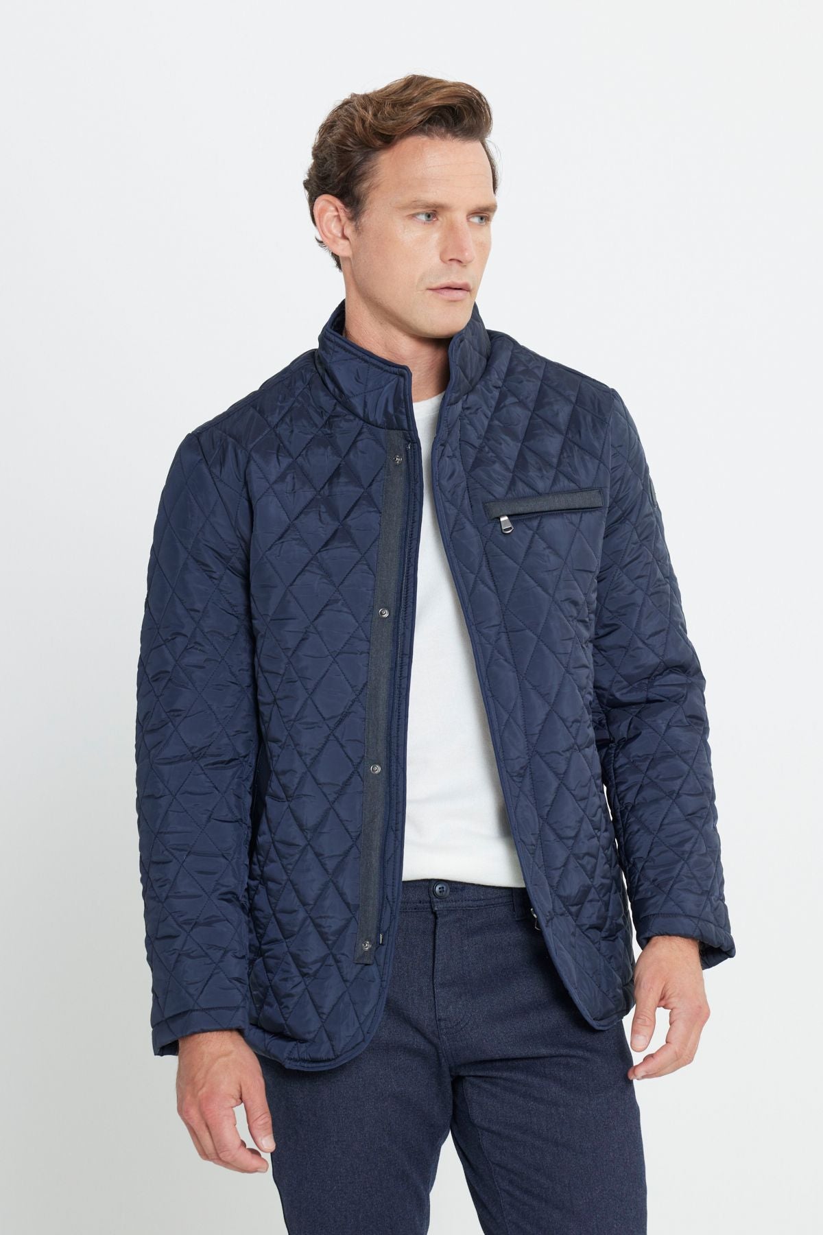 Men's navy blue standard fit normal cut upright collar pattern overcoat
