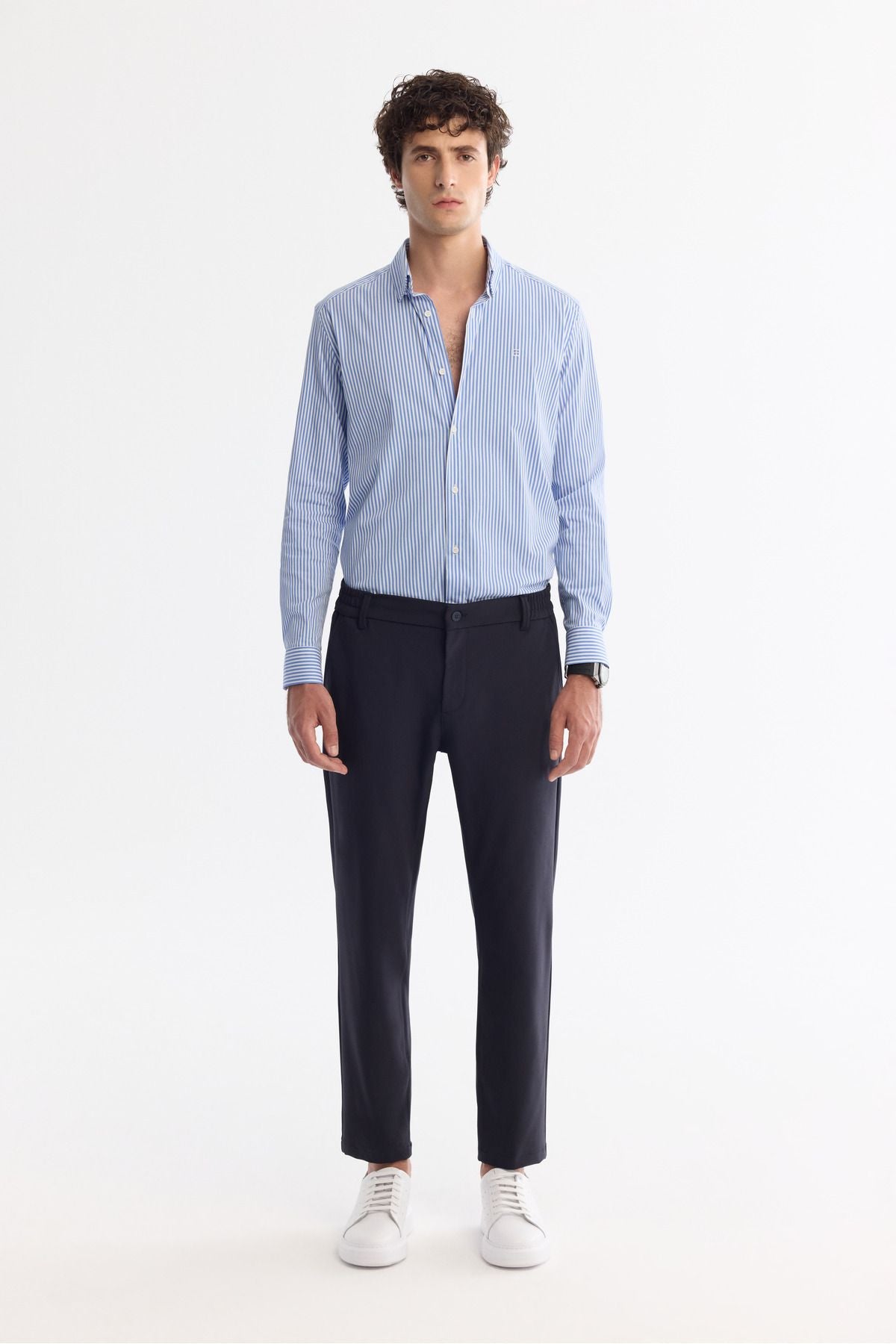 Men's navy blue wrinkle -dry -dry waist extra flexible technical fabric pants A42y3065