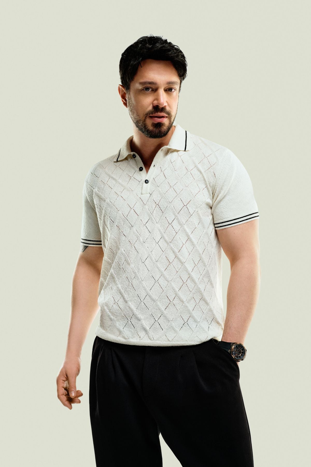 Men's Ecru 3 button with baklava patterned Polo Yaka Triko T-shirt A41y5053