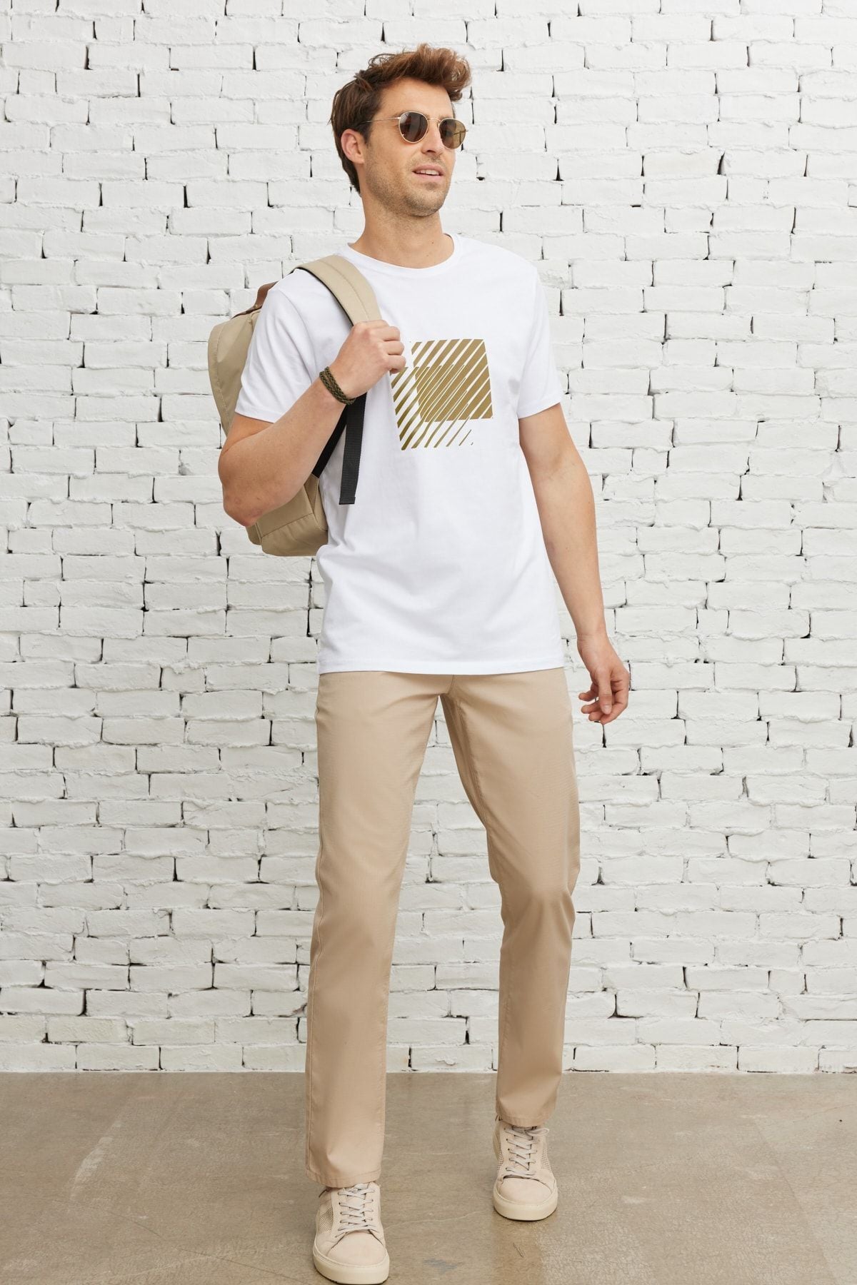 Men's beige comfort fit comfortable cutting side pocket cotton patterned flexible pants