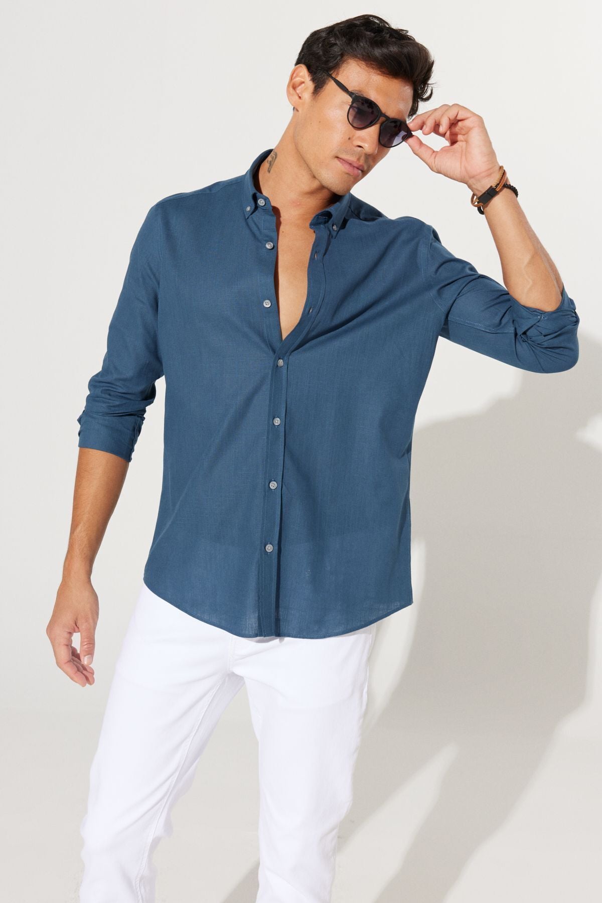 Men's Dark Oil 100 %Cotton Breathing Fabric Oxford Slim Fit button with collar pennant shirt