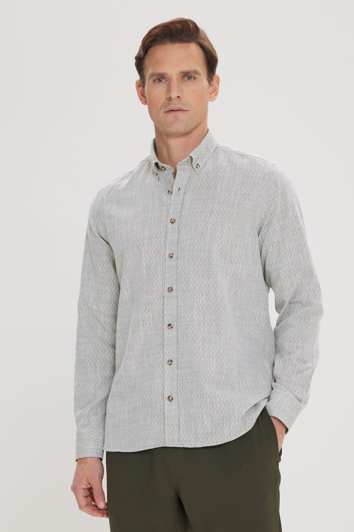 Men's Green Slim Fit Narrow Cutting 100 %Cotton Amelor Buttoned Button Casual Shirt