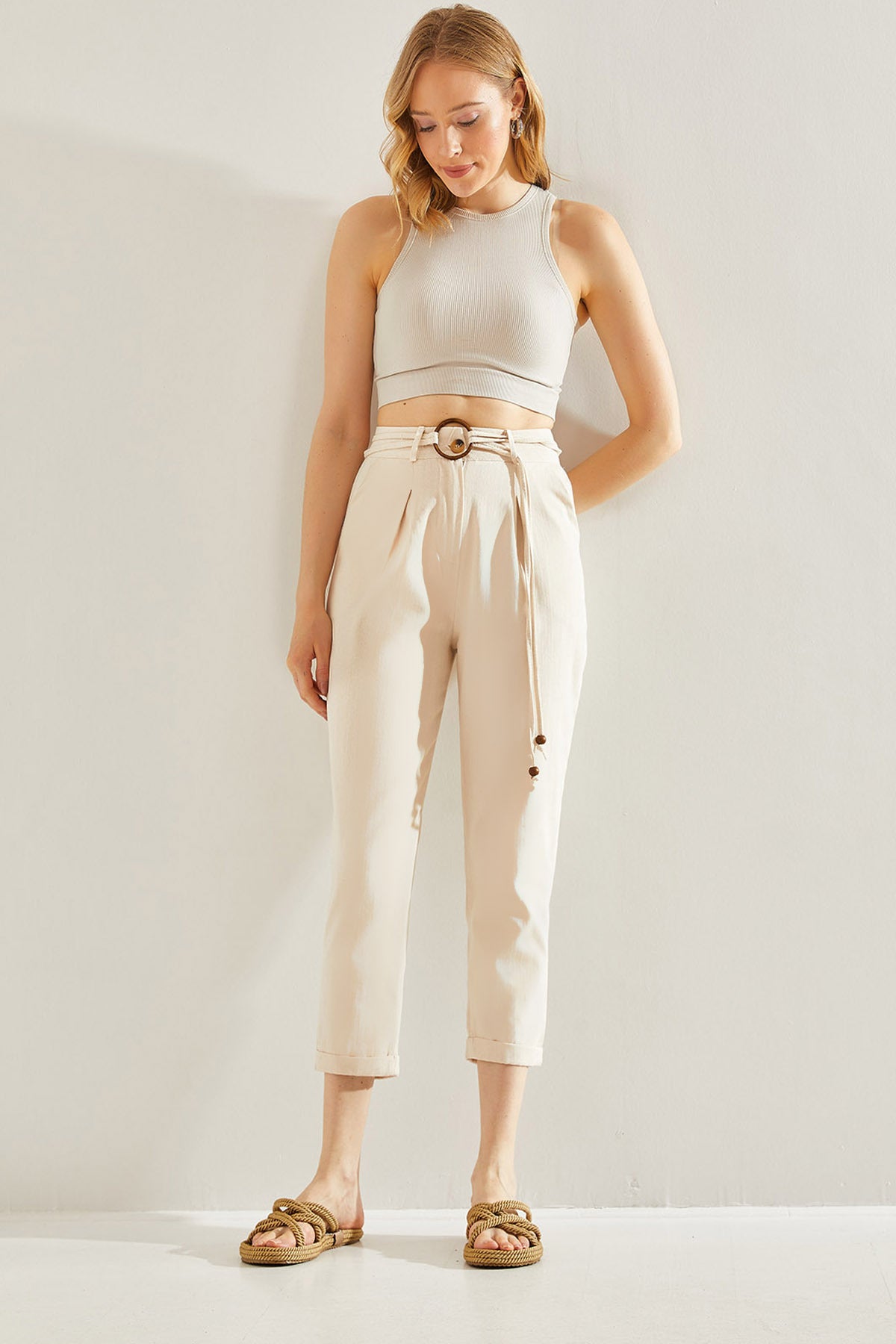 Women's Belted Linen Trousers 60221009
