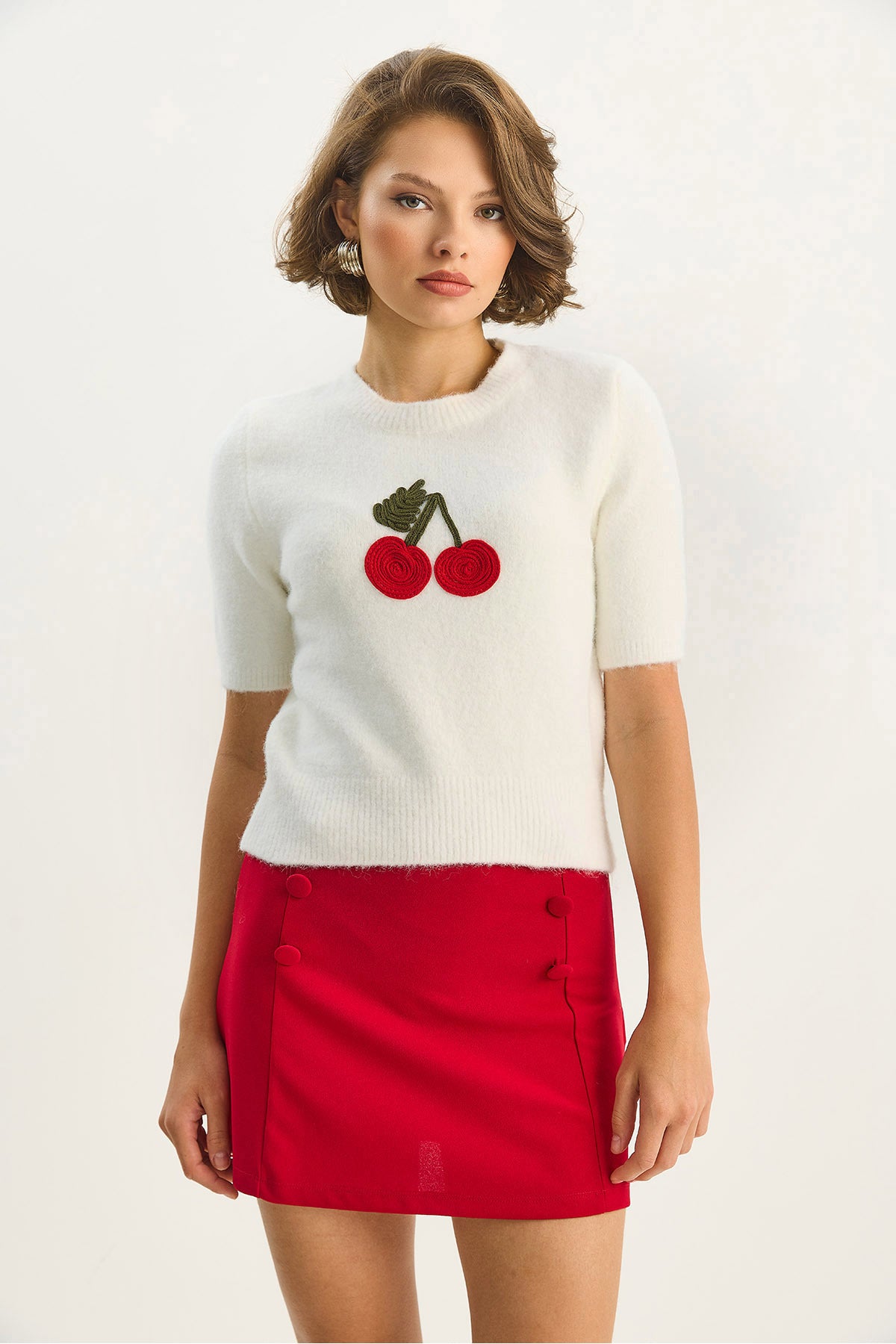 Women's Crew Neck Short Sleeve Cherry Knit Embroidery Knitwear Blouse 5079 60283588