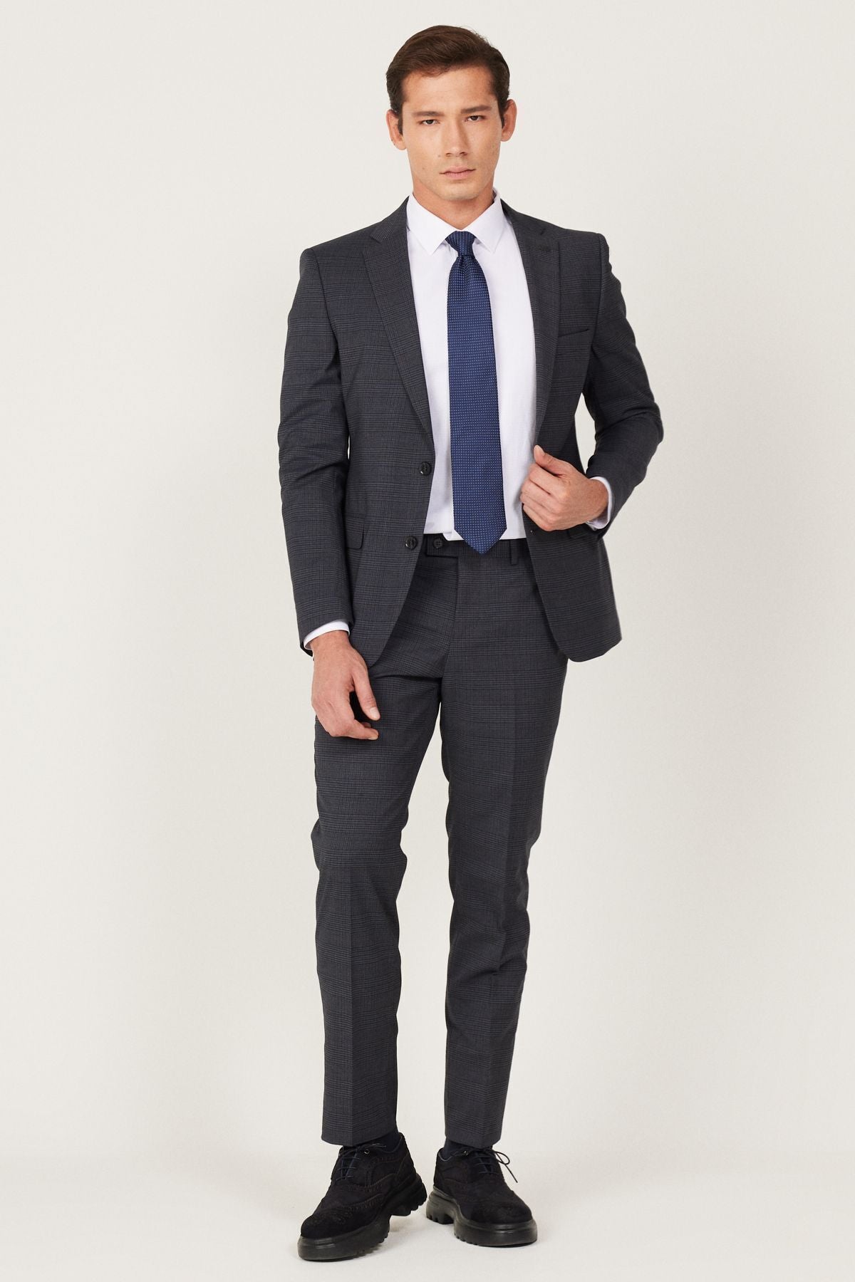 Men's anthracite-Lacivert Wool Extra Slim Fit Narrow Cut Mono Yaka Patterned Suit