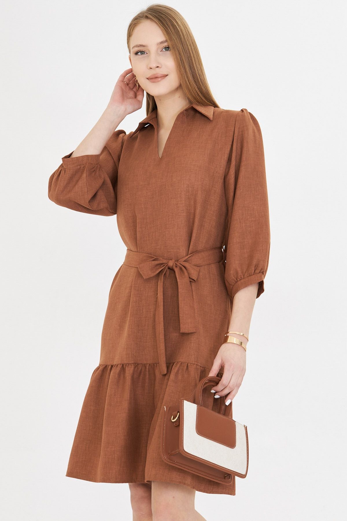 Female Taba Shirt Neck Quarter Arm Waist Belled Skirt Shirred Dress ARM-25Y001010