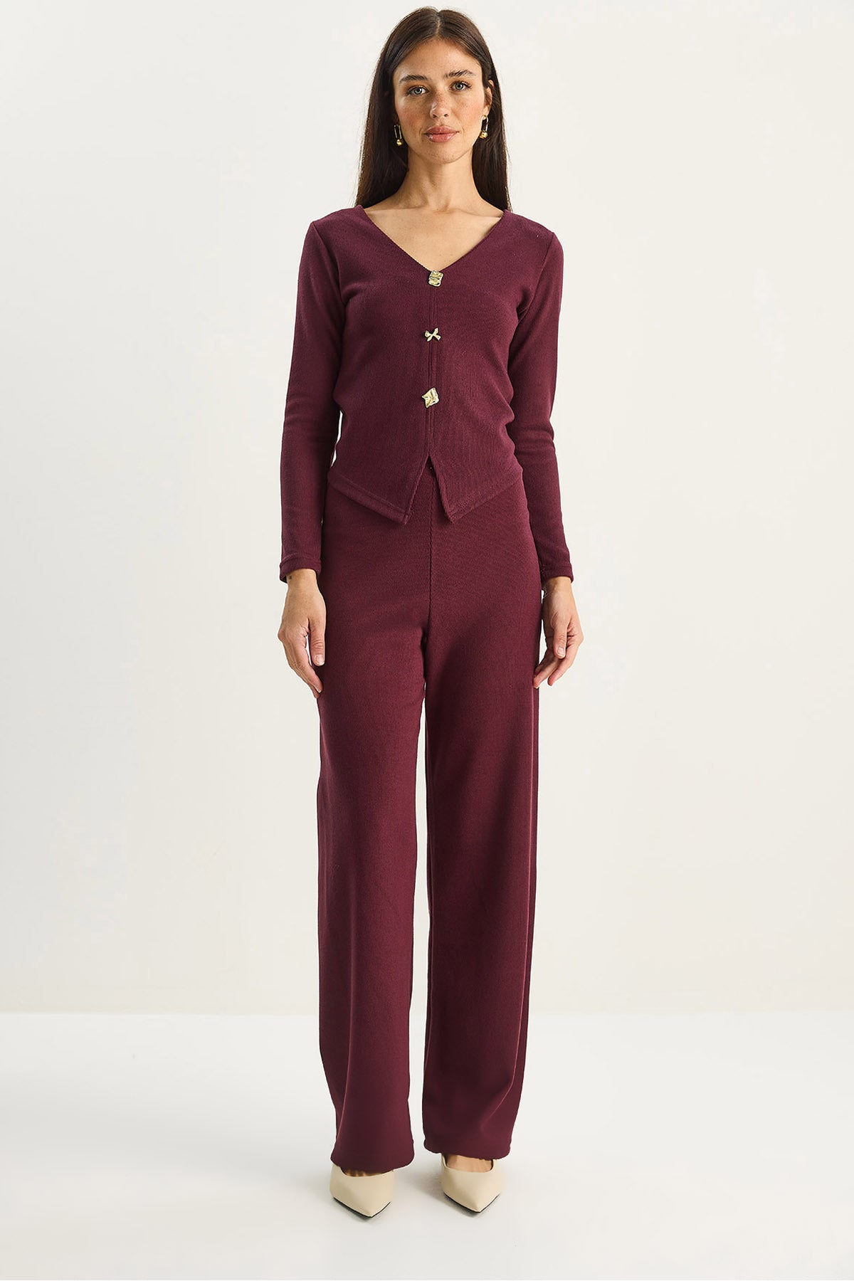 Women's V-Neck Button Accessory Selanik Bottom-Top Set 4107 60283782