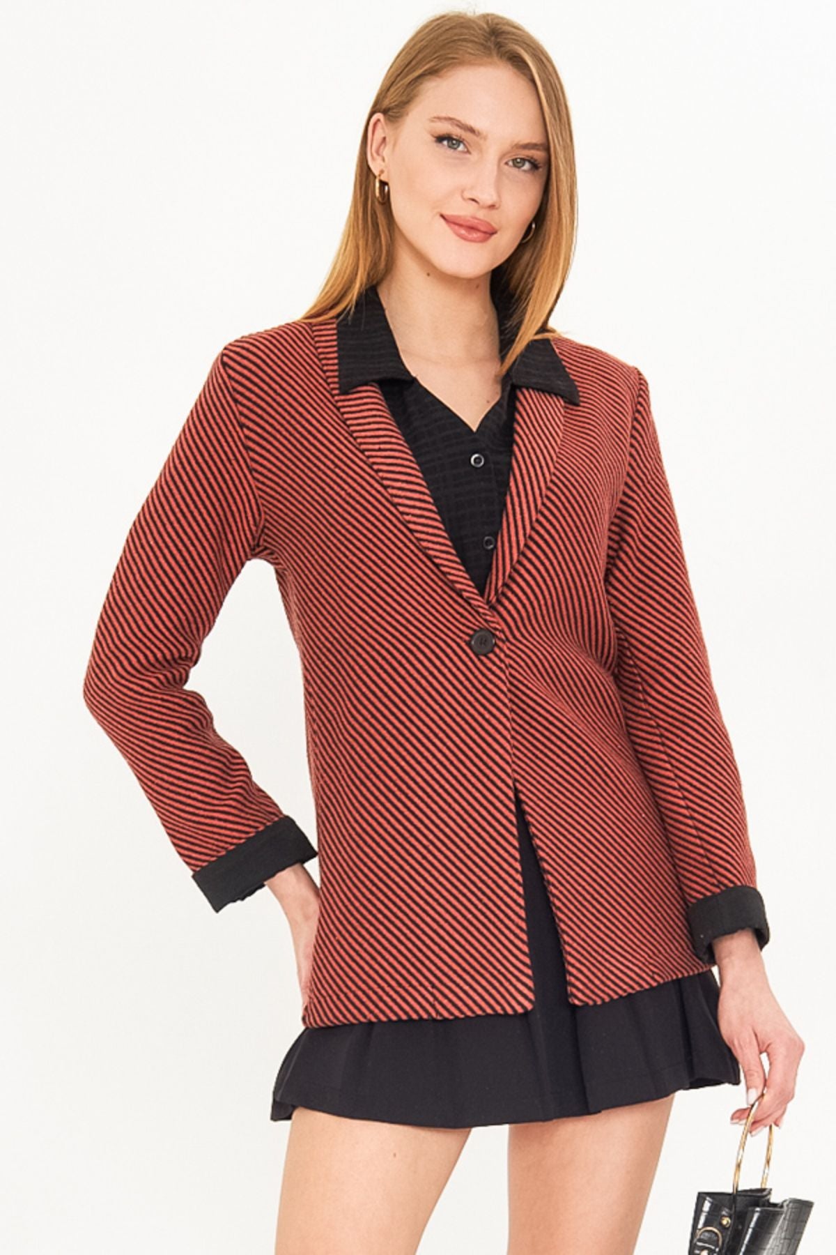 Women's Tile striped lever folding single button stamp jacket ARM-25K001106