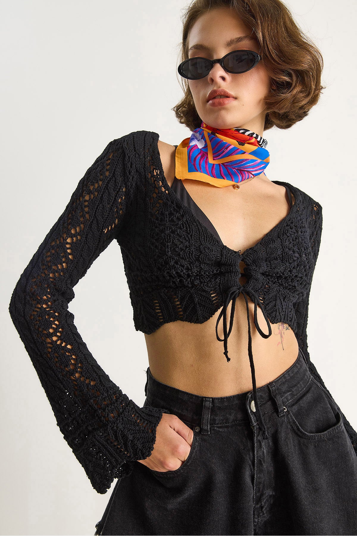 Women's Tie-Front Openwork Knitted Blouse 20259805