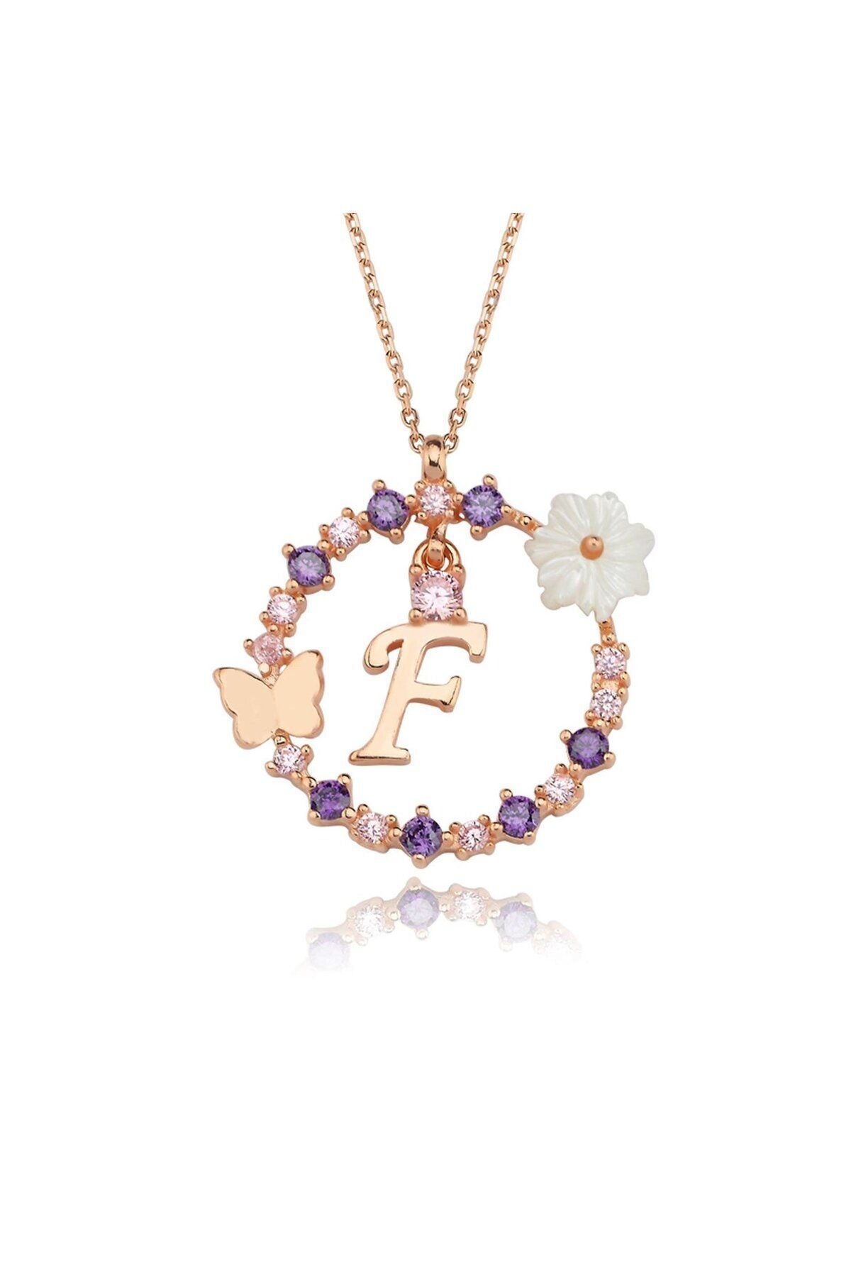 Magnolia Flower Dreams Glitter 14k Rose Gold F Letter Women Necklace