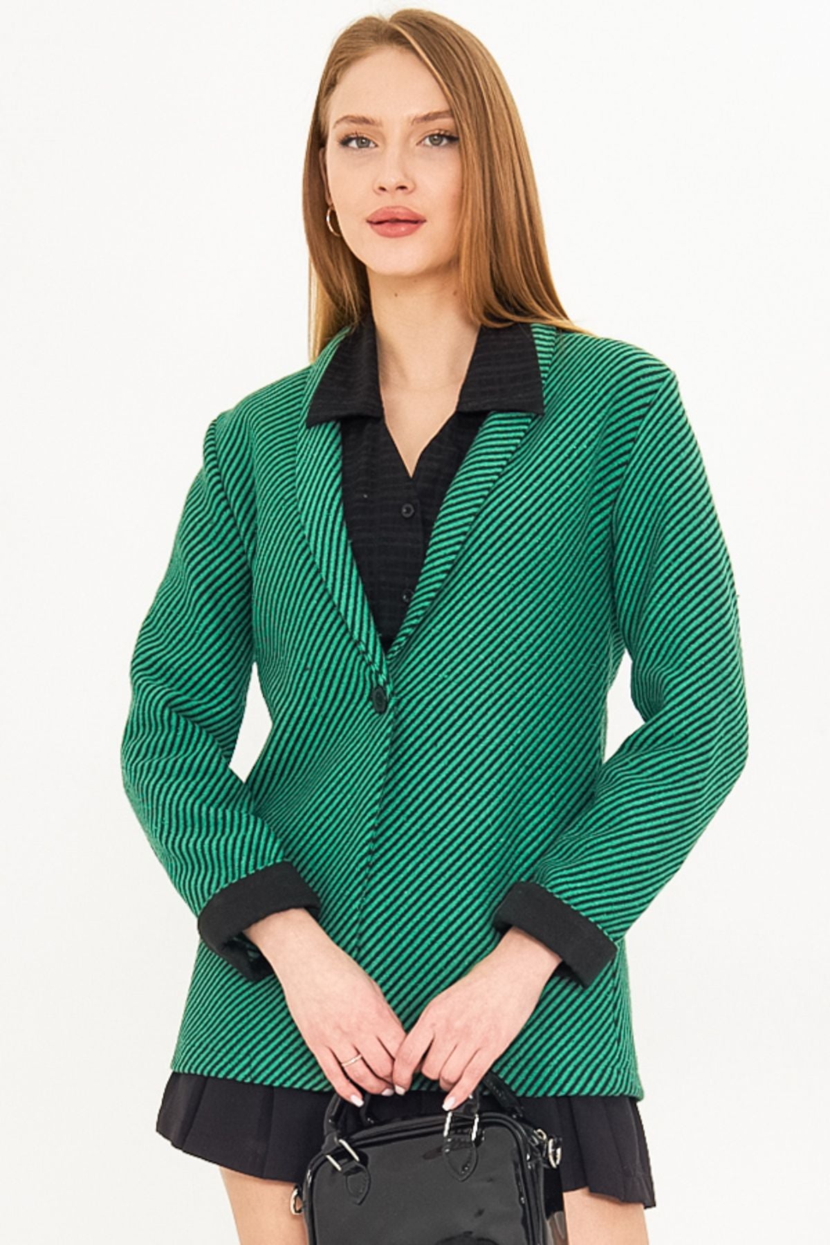 Folding Green Green Striped Lend Folding Single button Stamp Jacket ARM-25K001106