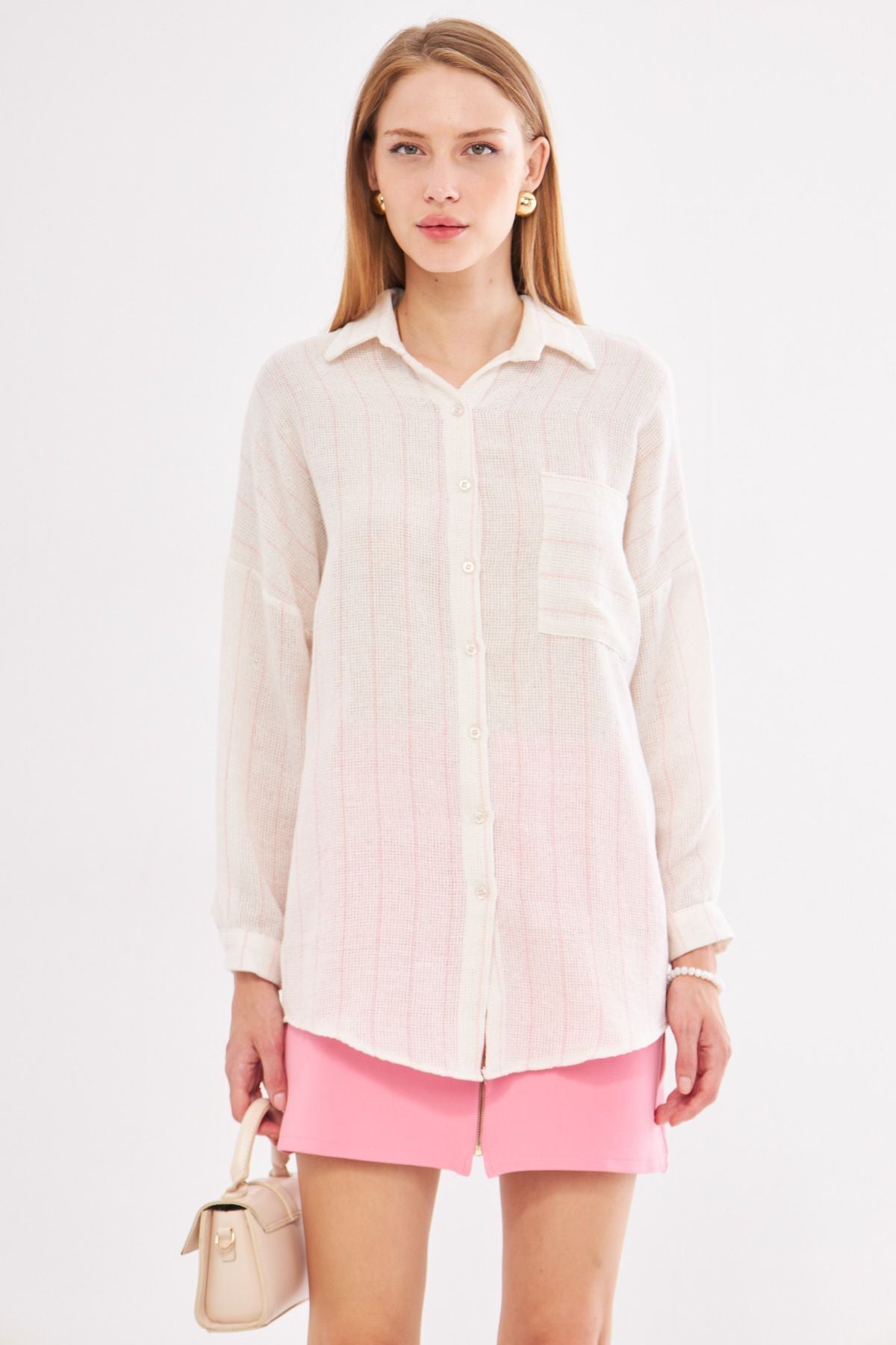Female Powder Pink Long Sleeve Pocket Detailed Rigge Pleated Striped Oversize Shirt ARM-24Y001053