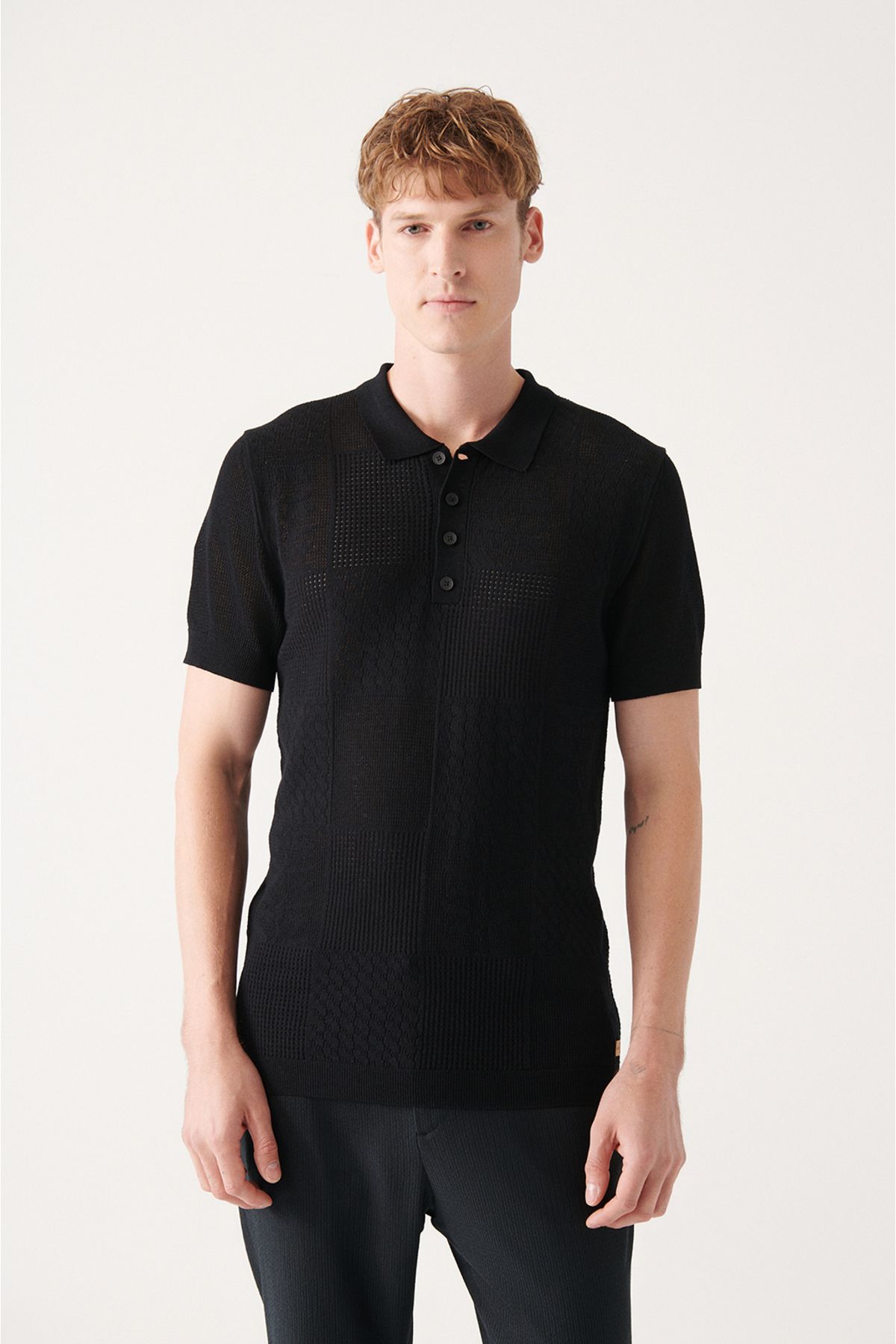 Men's Black Cotton Outpain Patterned Polo Yaka Triko T-Shirt A31Y5031