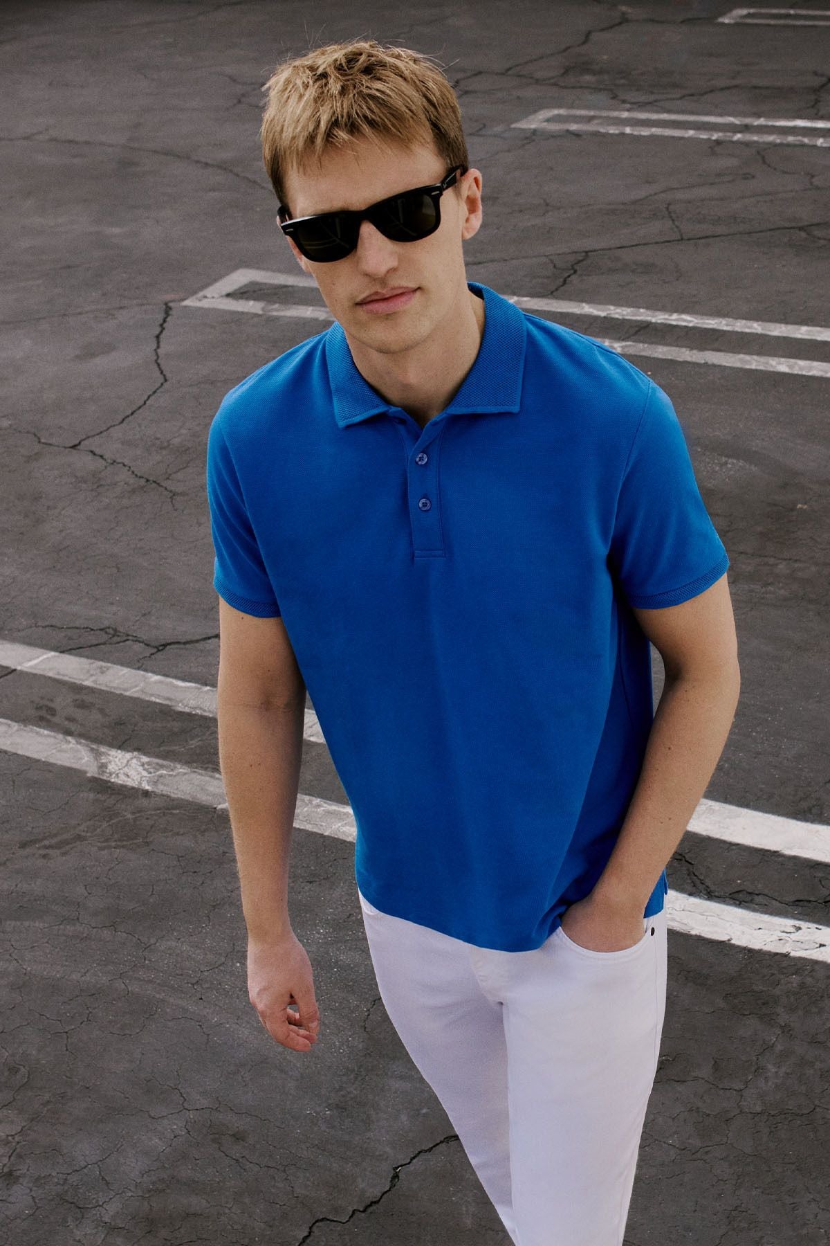 Male Royal Blue 100 %Cotton Curiated Pike Polo Slim Slim Fit Narrow Cut T -shirt