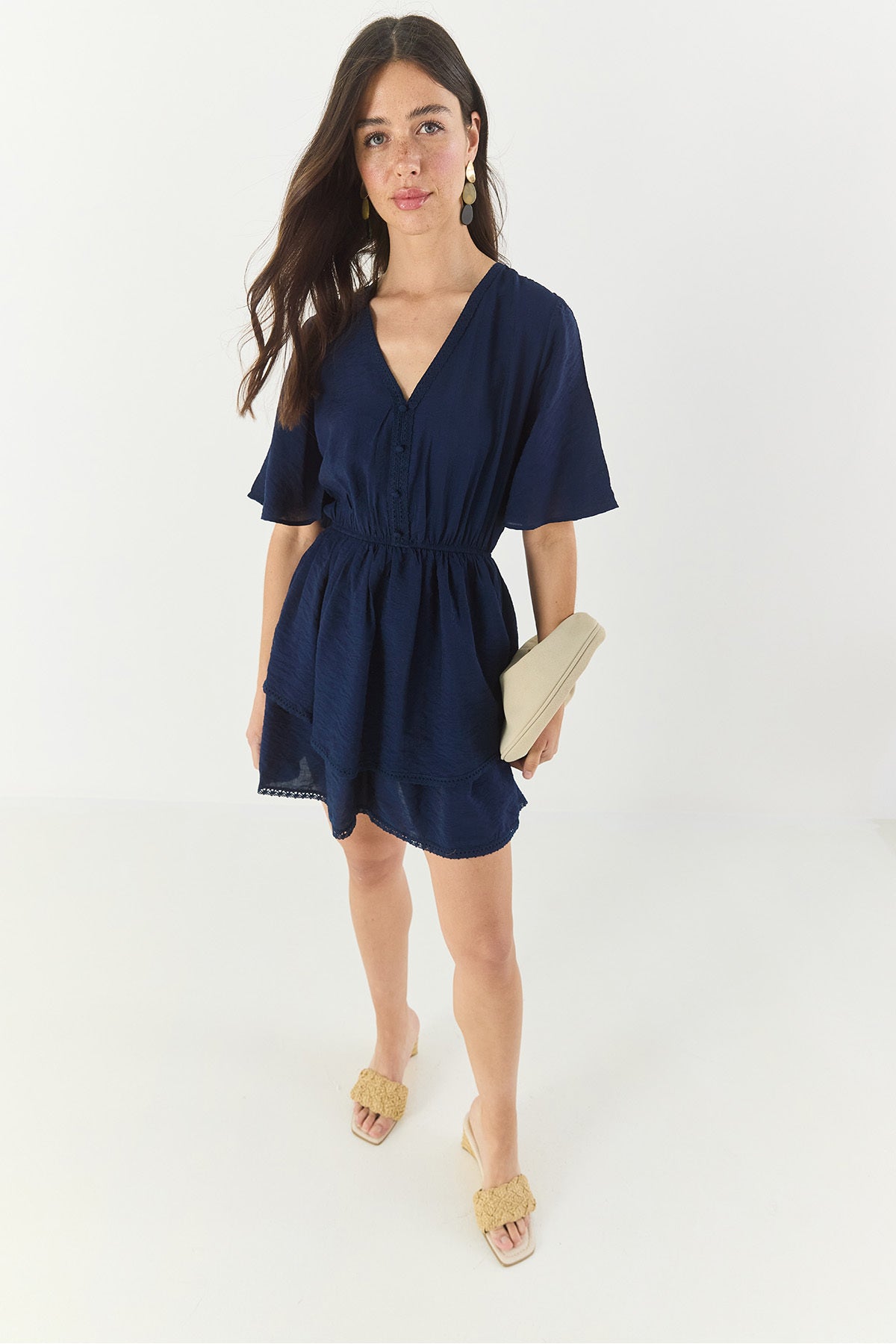 Women's V-Neck Guipure Detailed Elastic Waist Skirt Layered Viscose Summer Mini Dress 3014 60283254