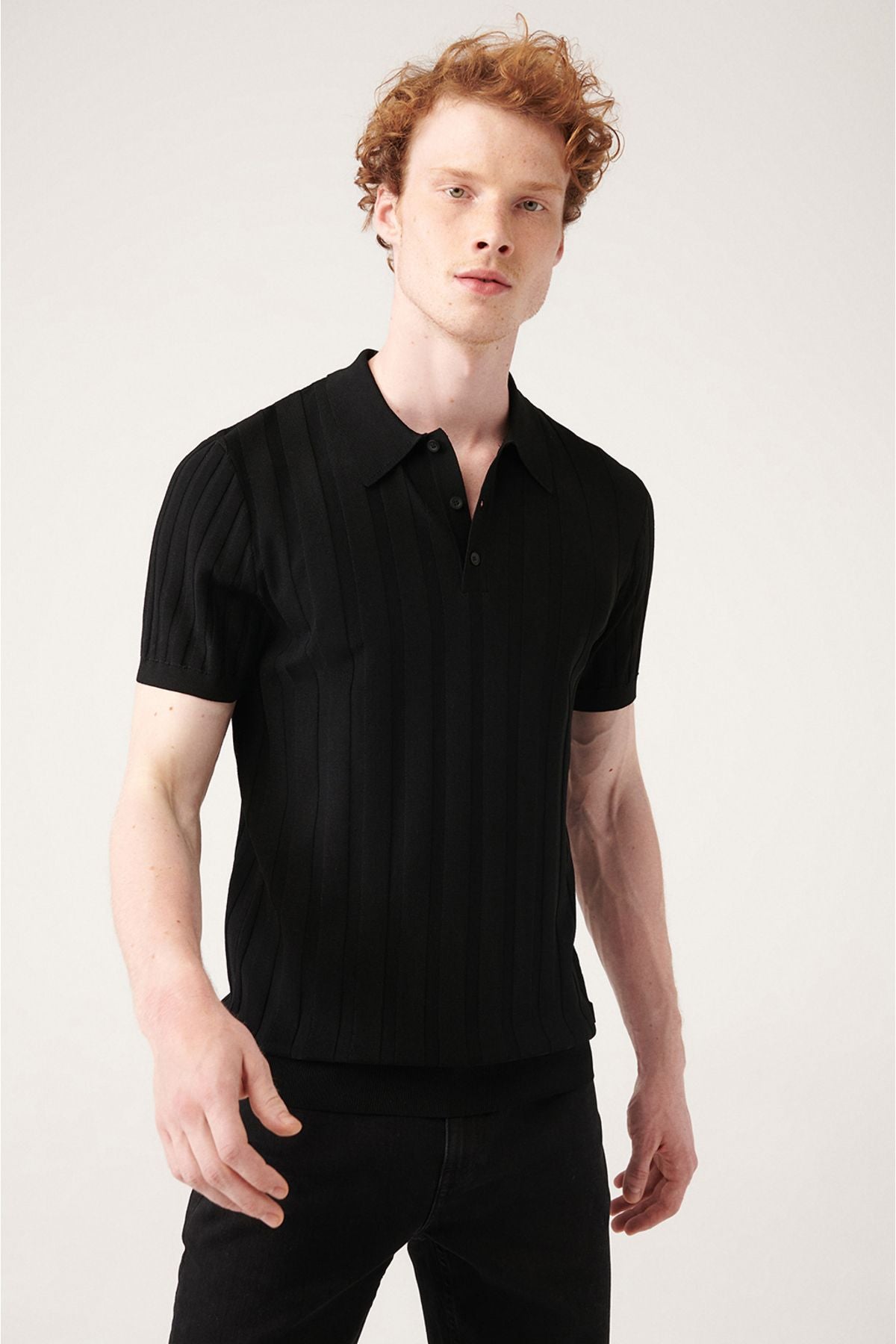 Men's black wick knitting detailed Polo collar knitwear T-shirt A31y5011
