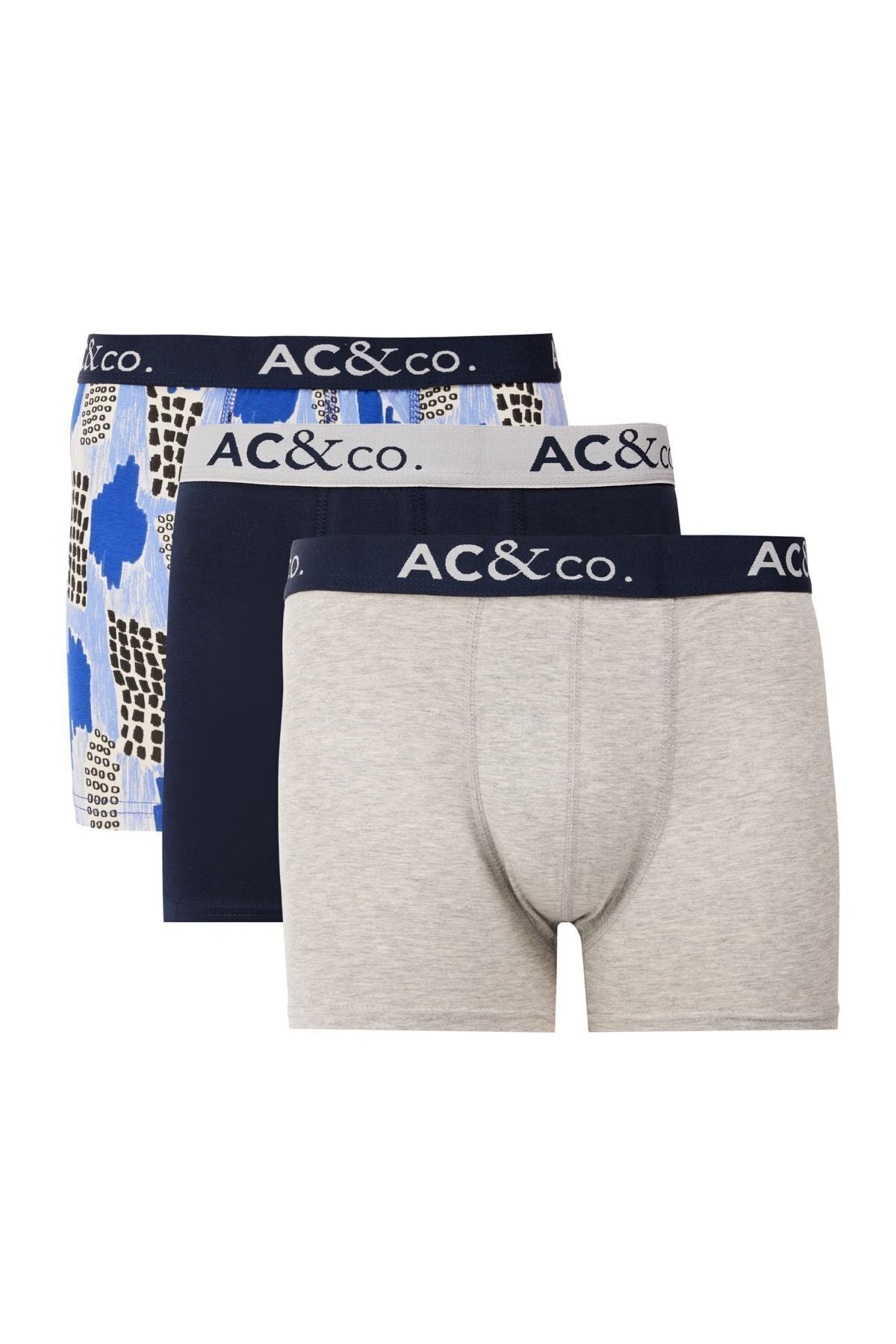 Men's Navy-Gray Cotton Patterned Patterned 3-Plot Boxer Package