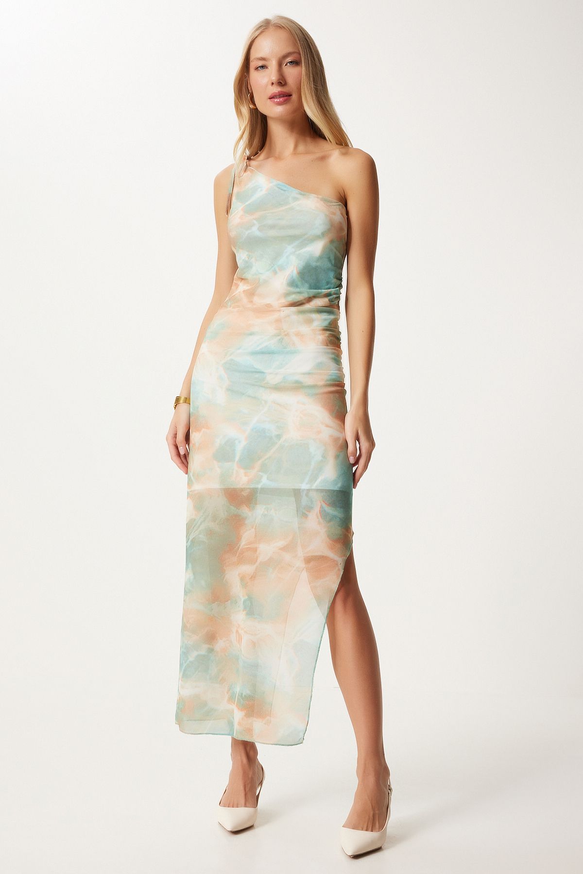Female Water Green One Shoulder Patterned Slit Tulle Dress FN03332