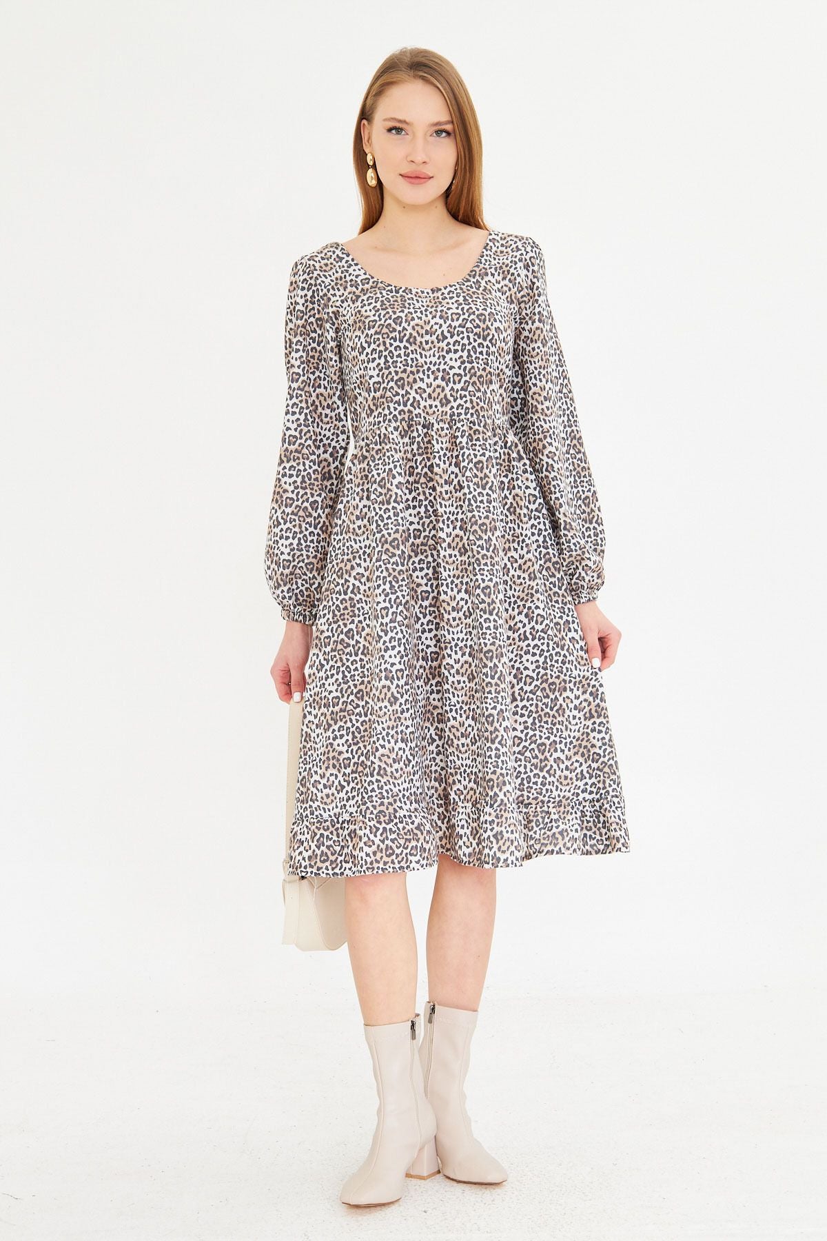 Female Beige U Back Back Zipper Waist Waist Midi Patterned Dress ARM-25K001104