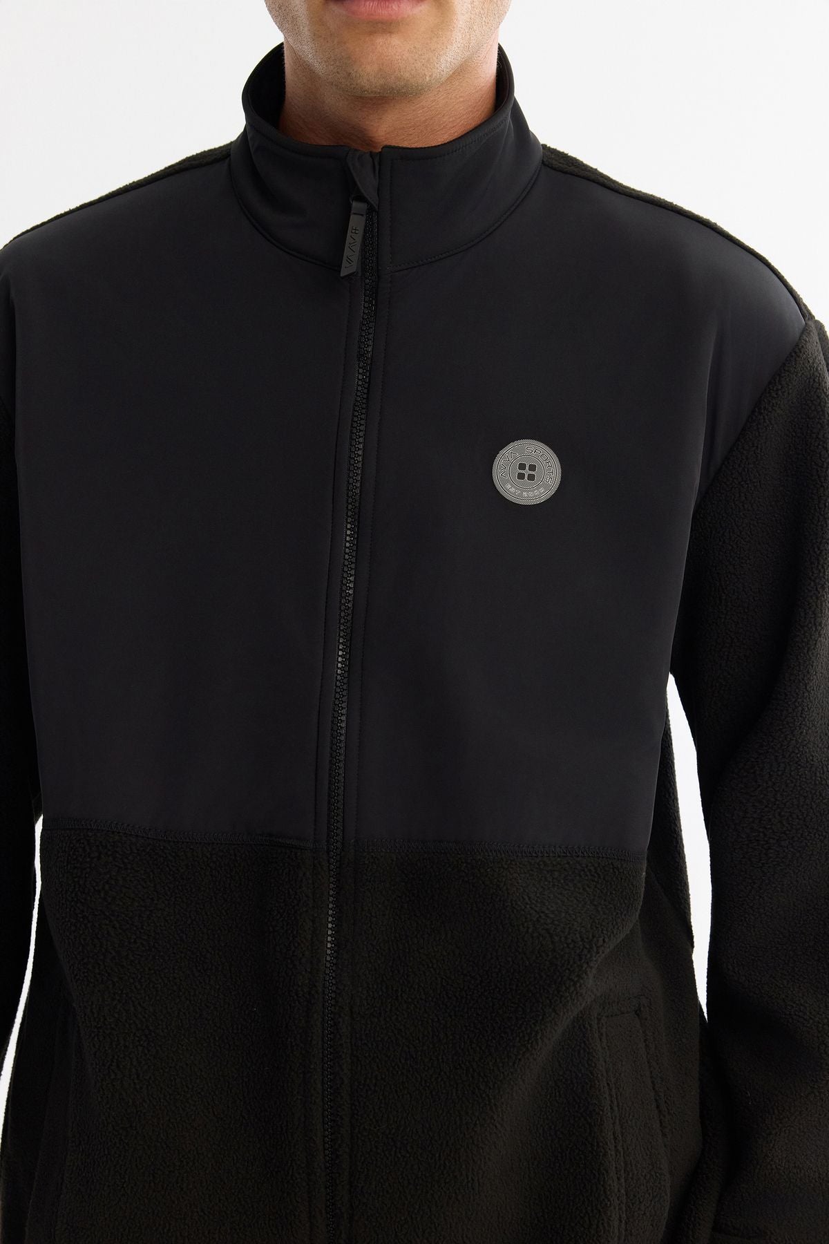 Men's black cold resistant upright collar printed zipper fleece sweatshirt A42y1311