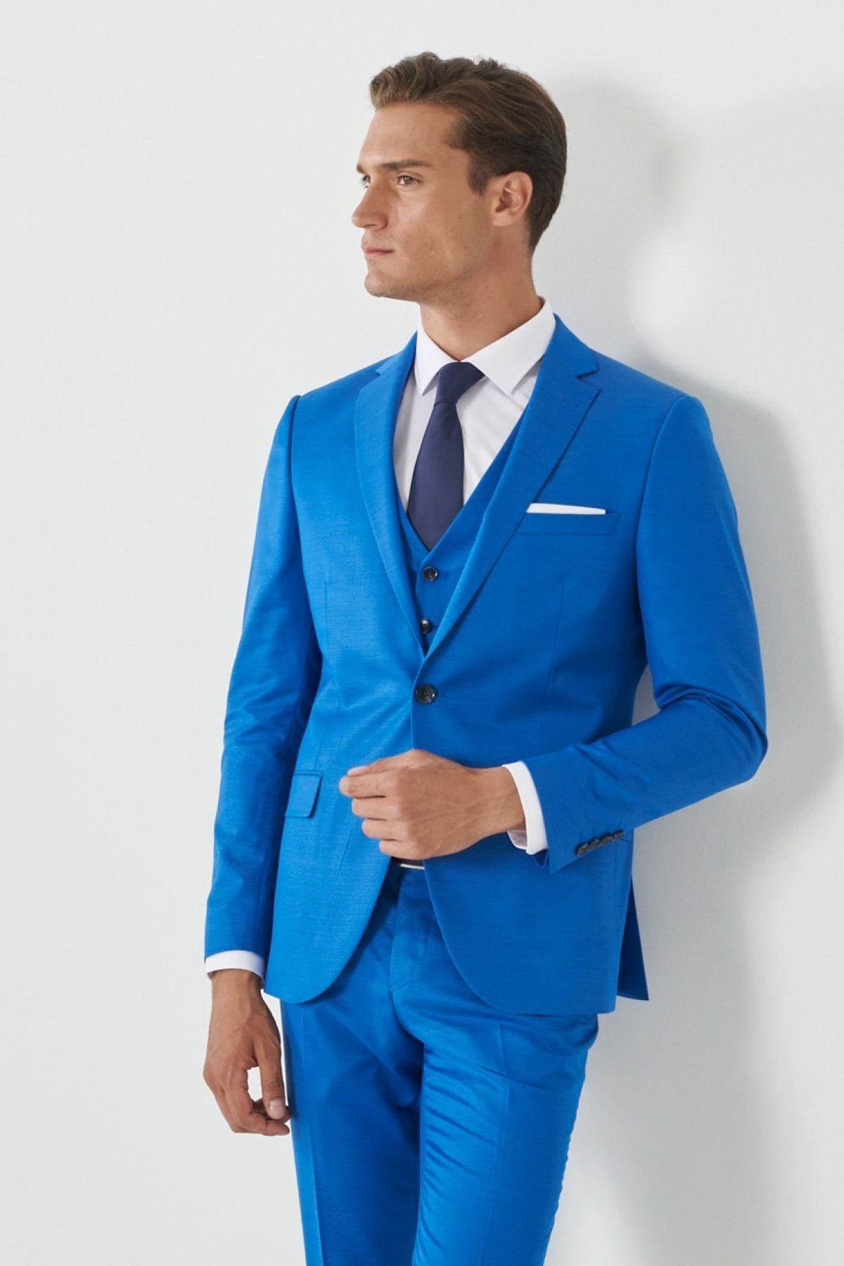 Men's Saks Blue Wool Extra Slim Fit Narn Cut Mono Yaka Pick Patter