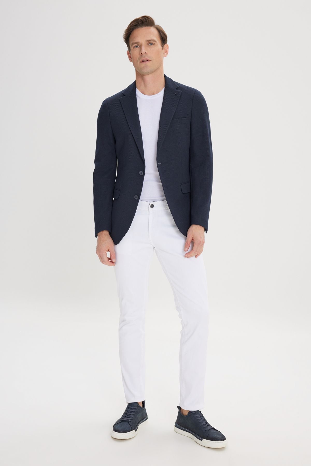 Men's navy blue 360 degrees stretching in all directions slim fit narrow cut mono collar blazer jacket